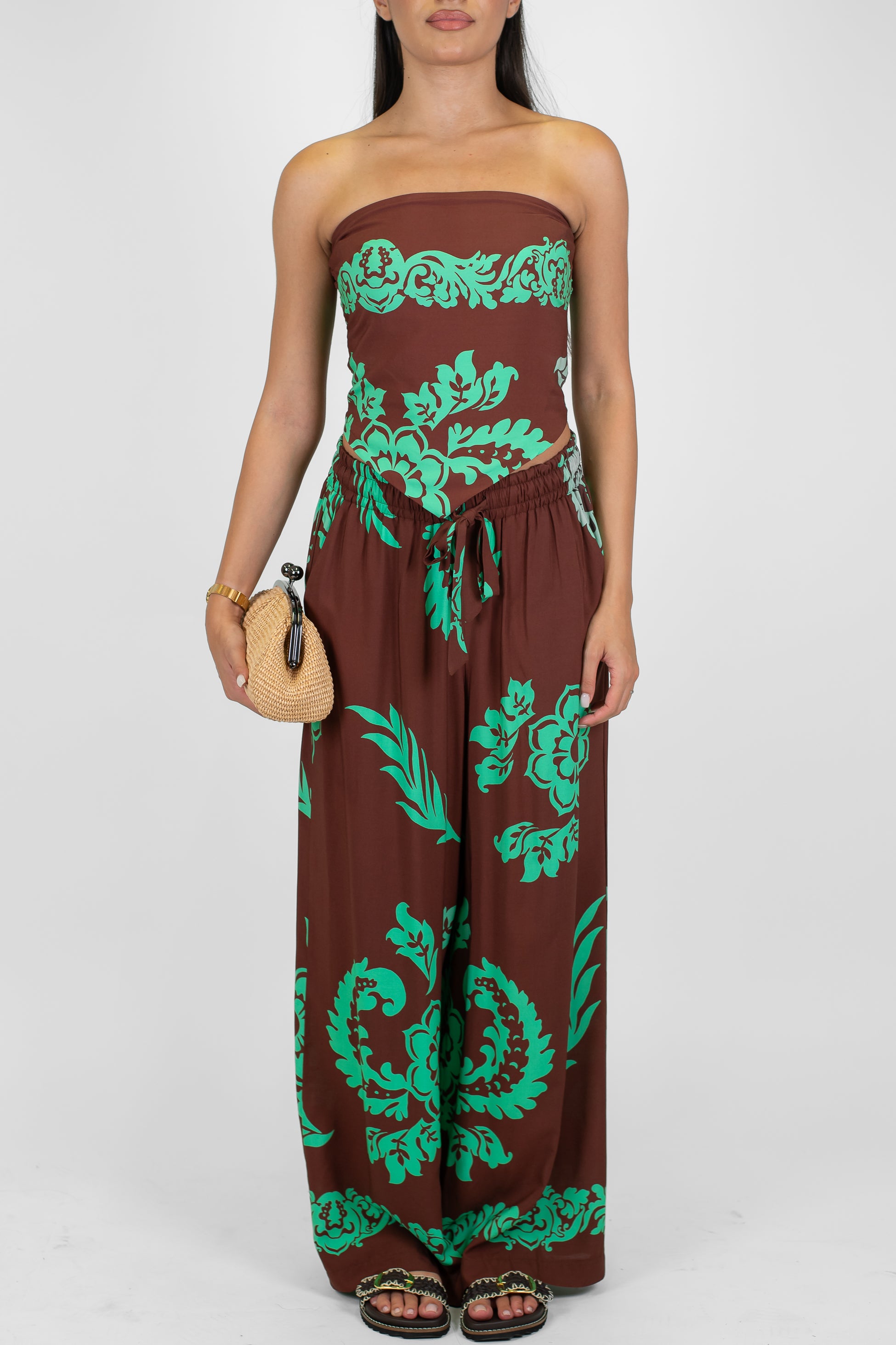 Tensione in - Pantalone palazzo fantasia floreale astratta con coulisse