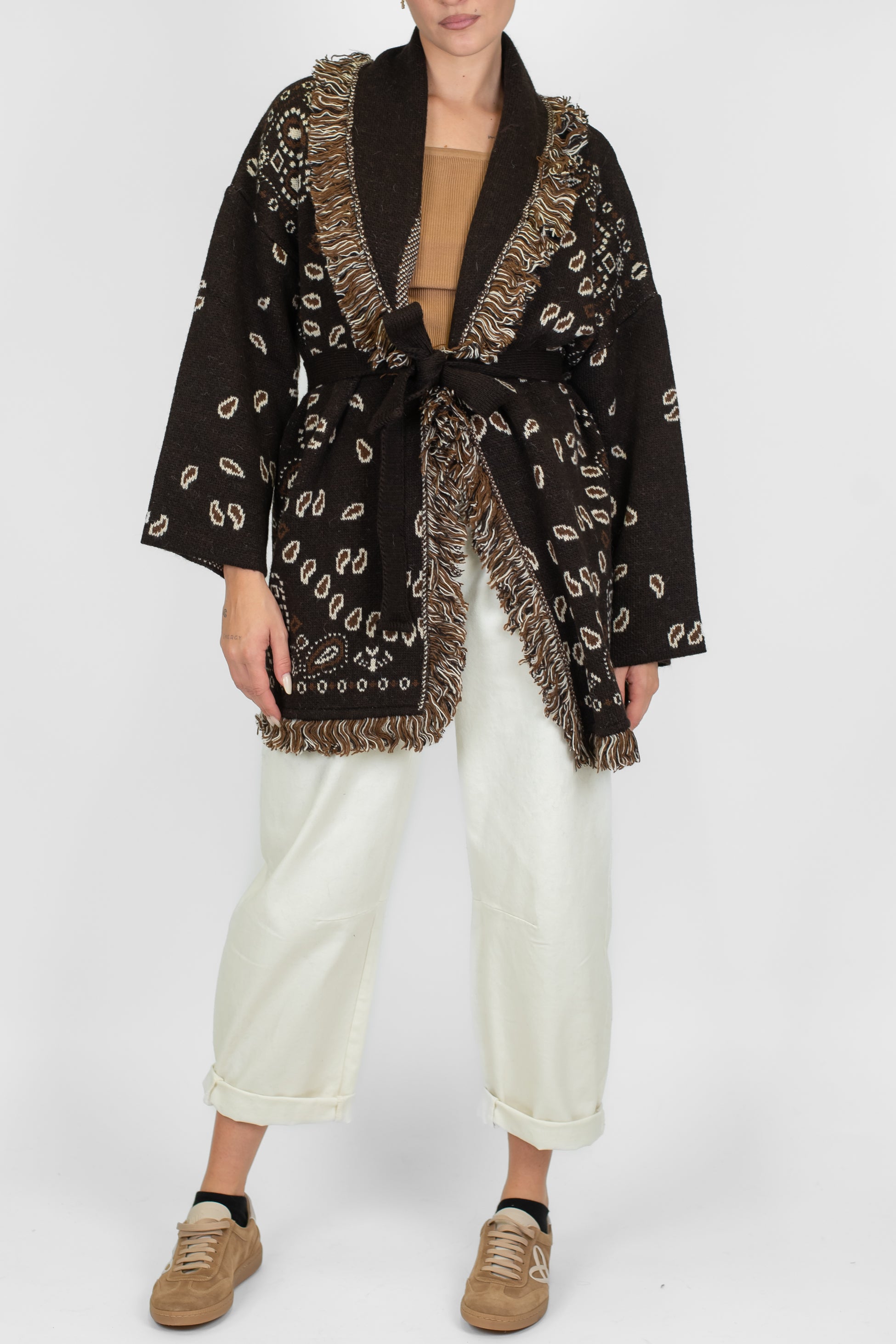 Tensione in - Cardigan in misto lana fantasia bandana con frange