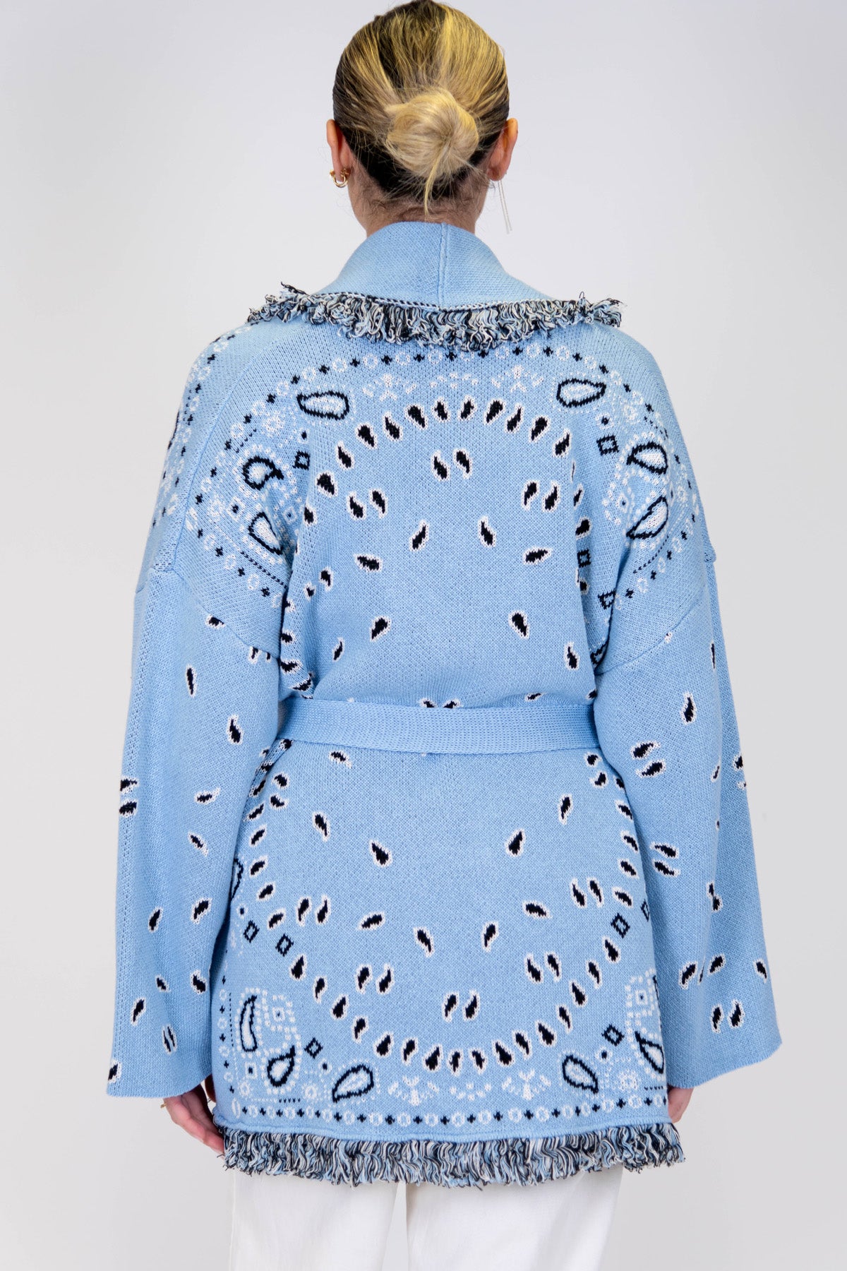 Tensione in - Cardigan fantasia astratta con cintura e profilo con frange