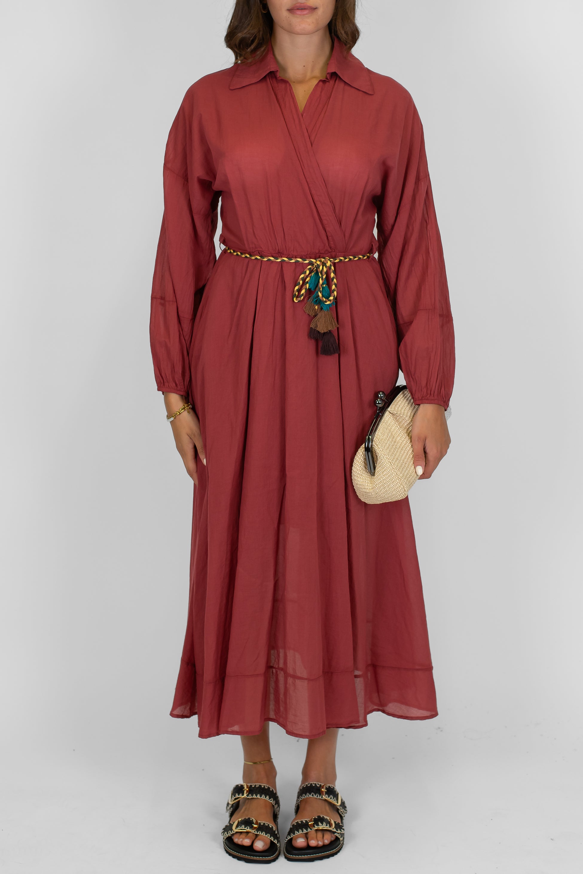 Dixie - Abito lungo ad incrocio in mussola di cotone con manica lunga e cintura in corda