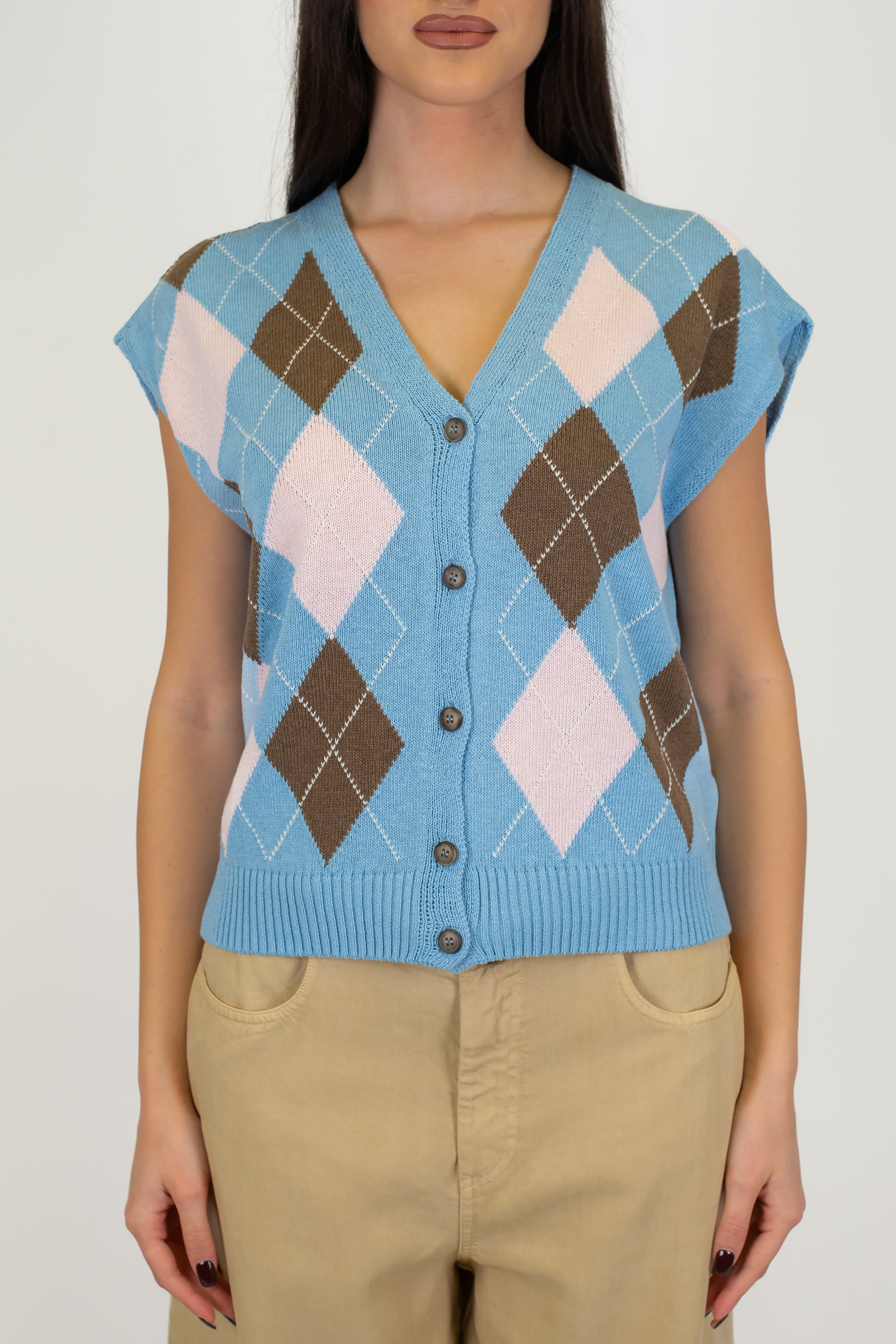 Tensione in - Gilet mezza manica in maglia fantasia rombi a contrasto