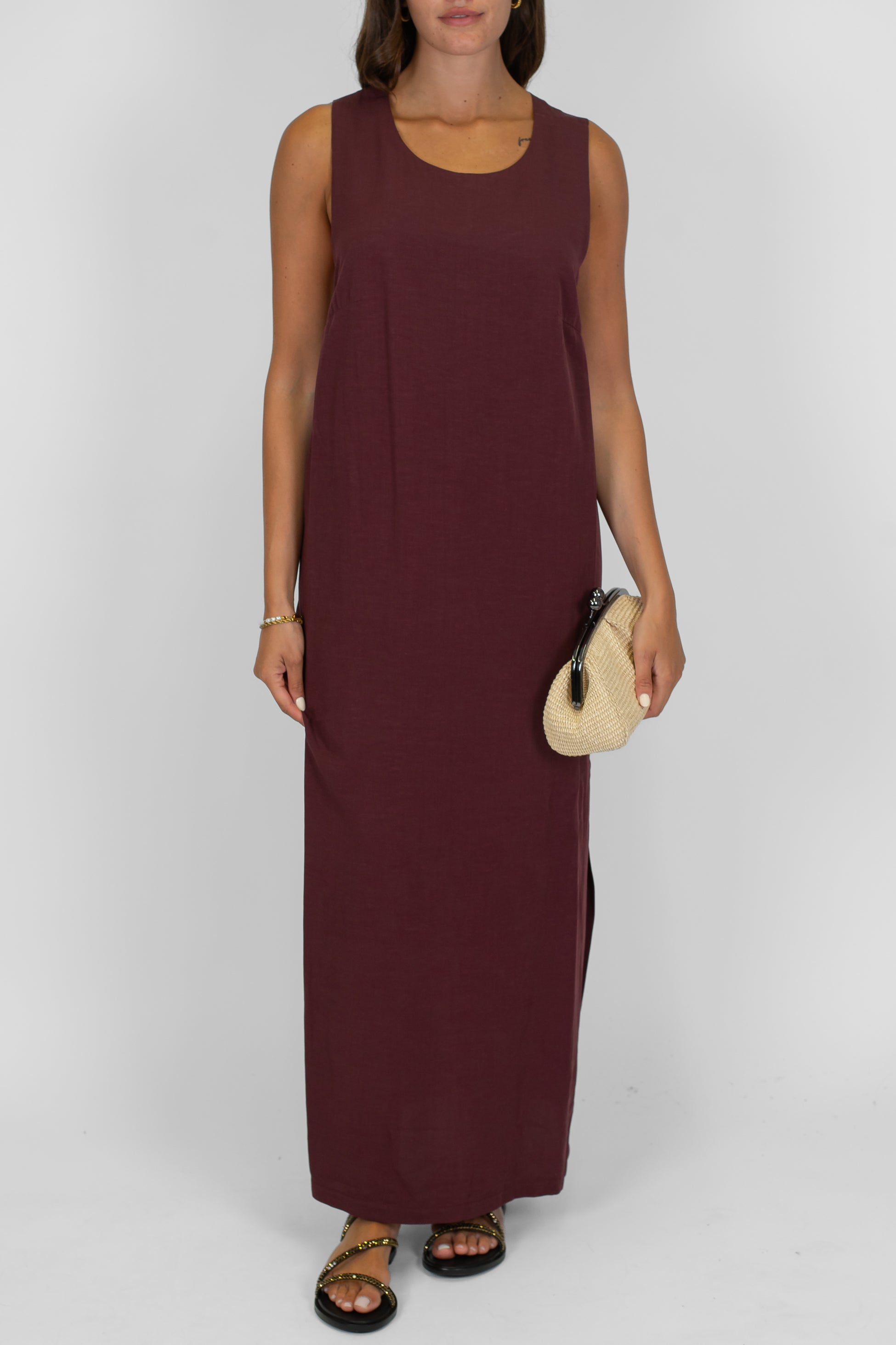 Dixie - Abito lungo giromaniche in misto viscosa e lino con scollo sul retro e treccia