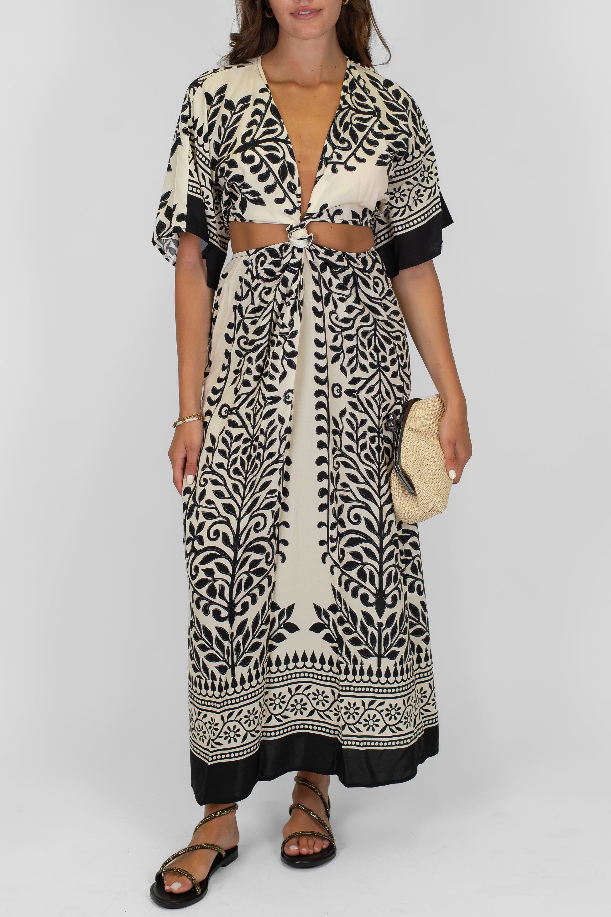 Haveone - Abito lungo cut-out fantasia astratta in viscosa