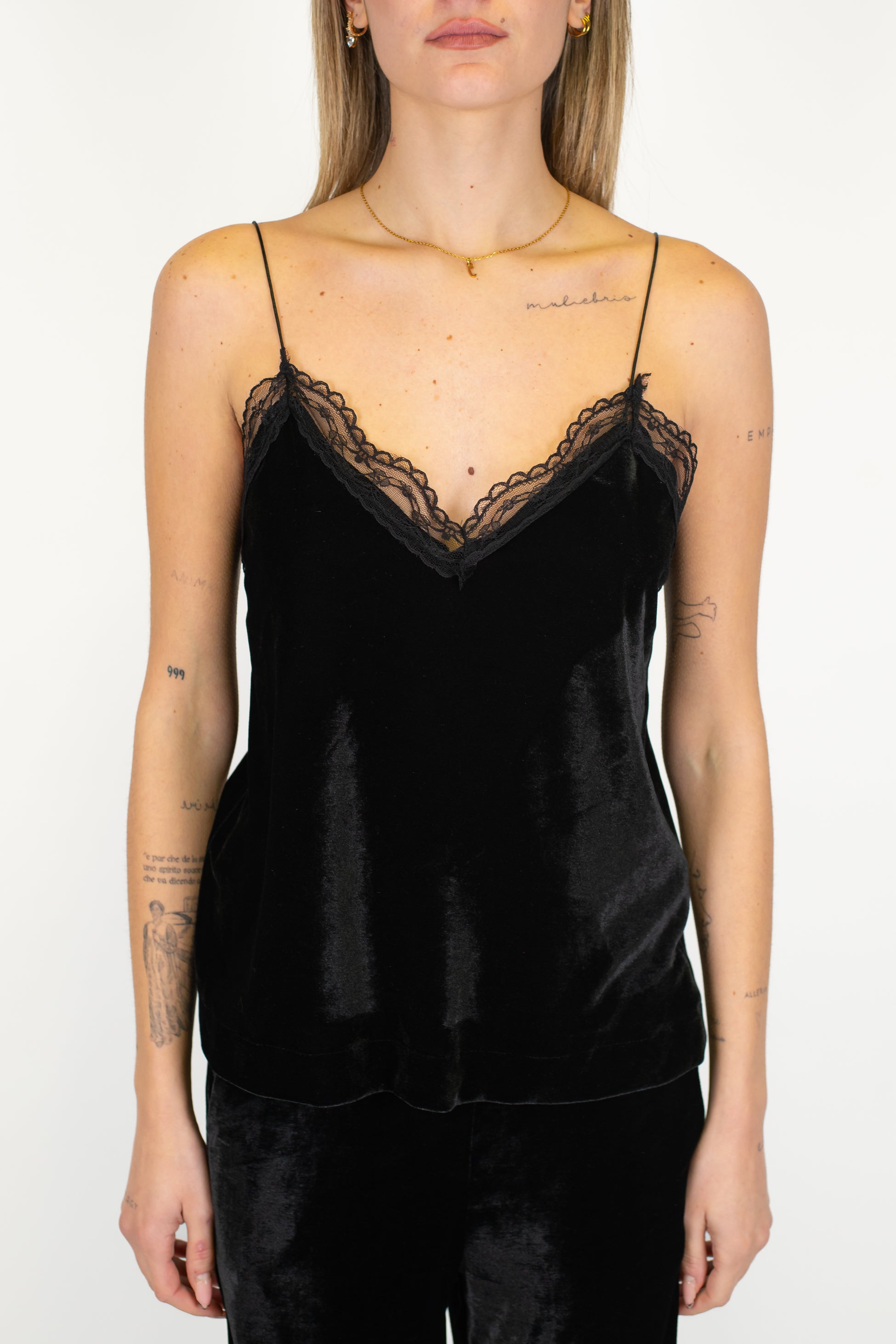 Maryley - Top scollo a V in velluto con bretelline e orlo in pizzo
