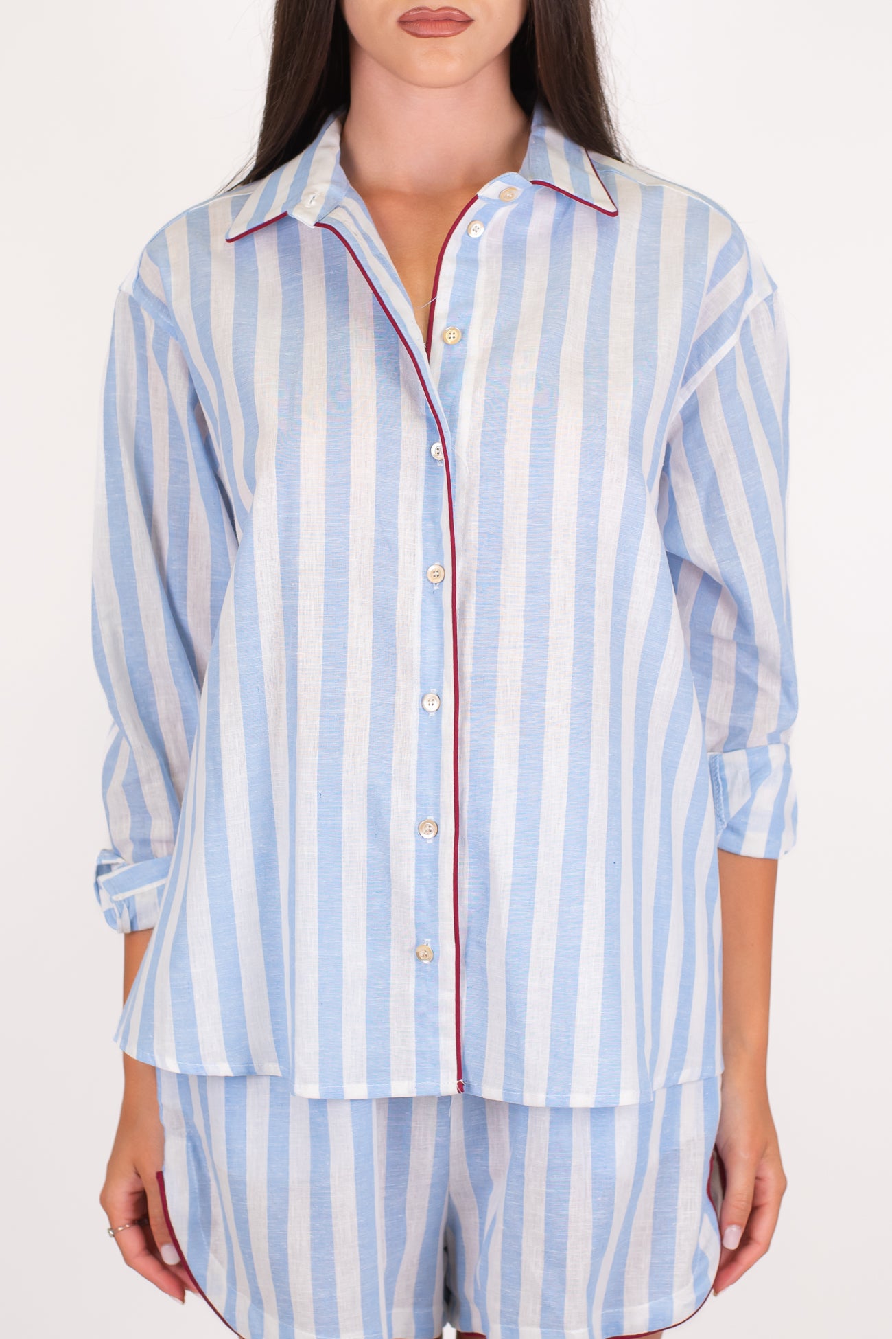 Tensione in - Camicia fantasia a righe in misto lino con profilo a contrasto