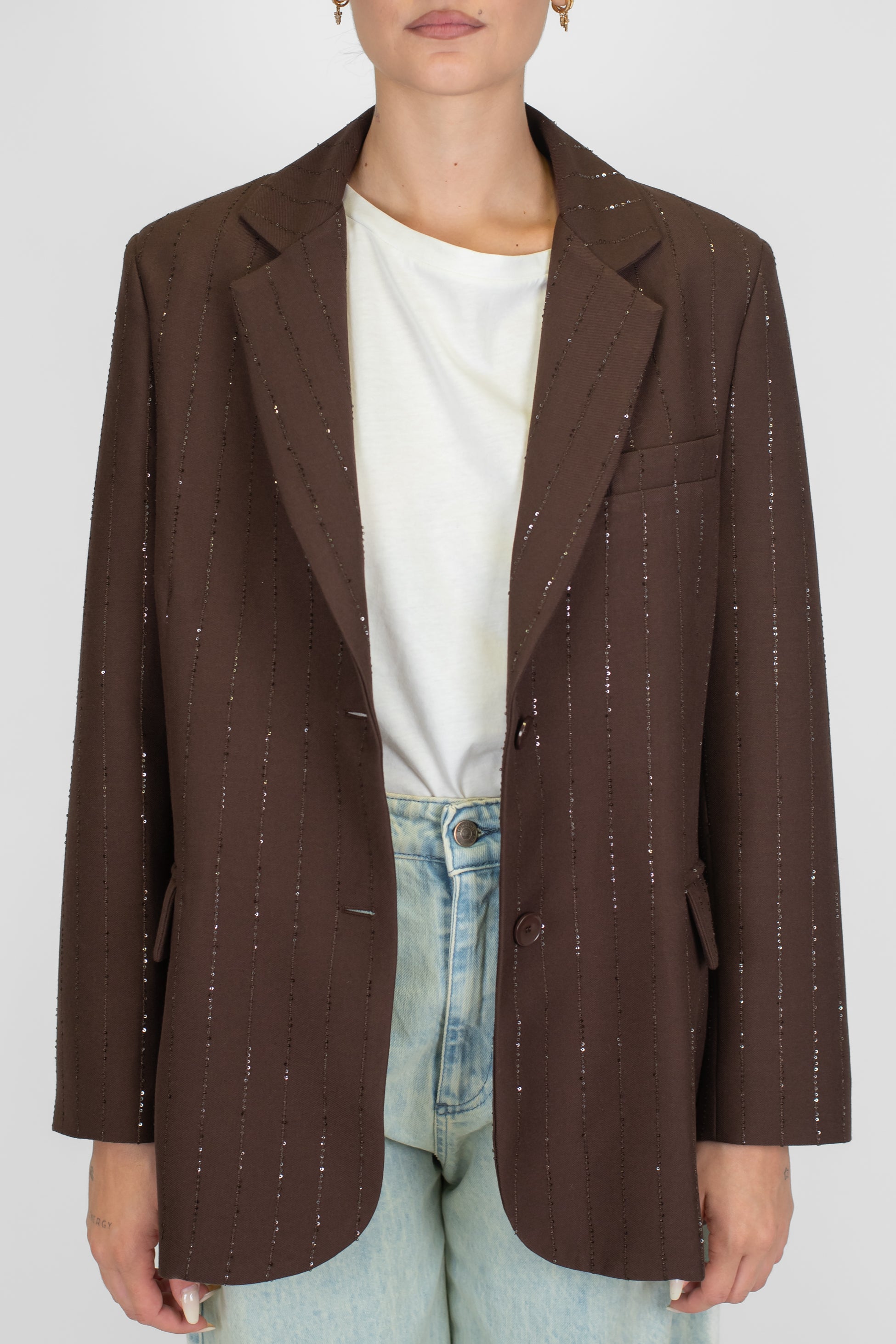 Tensione in - Giacca monopetto fantasia gessata con piallettes