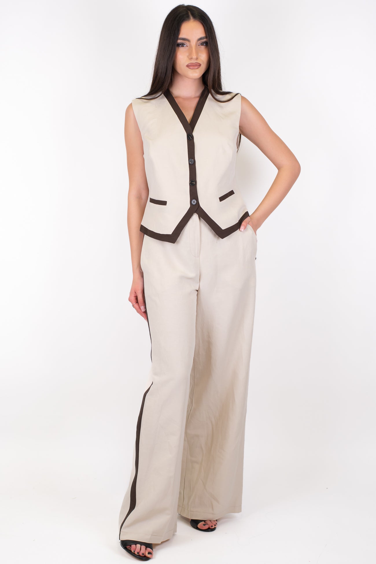 Motel - Coordinato gilet e pantalone palazzo in misto lino con elastico sul retro e banda laterale a contrasto