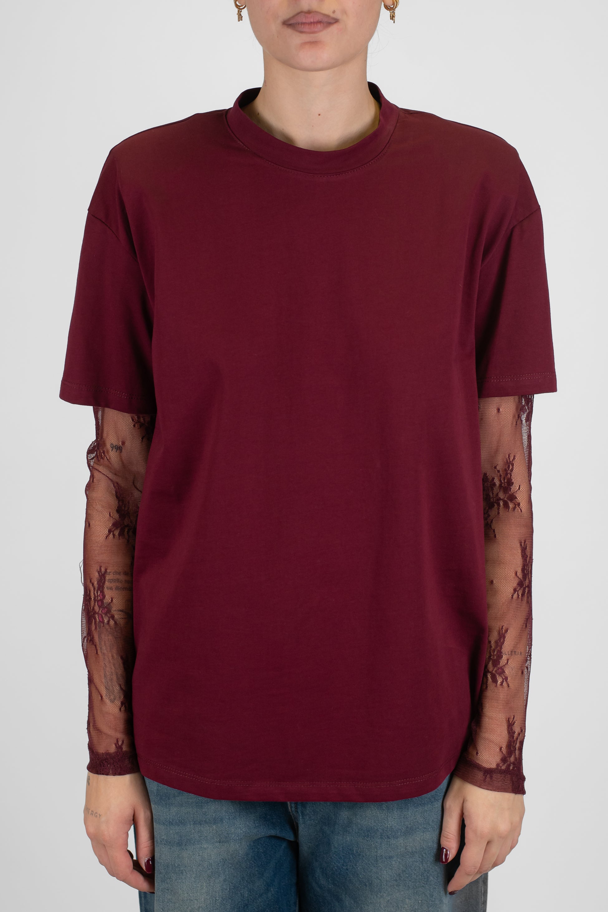 Dixie - T-shirt girocollo in cotone con spalline e maniche in pizzo