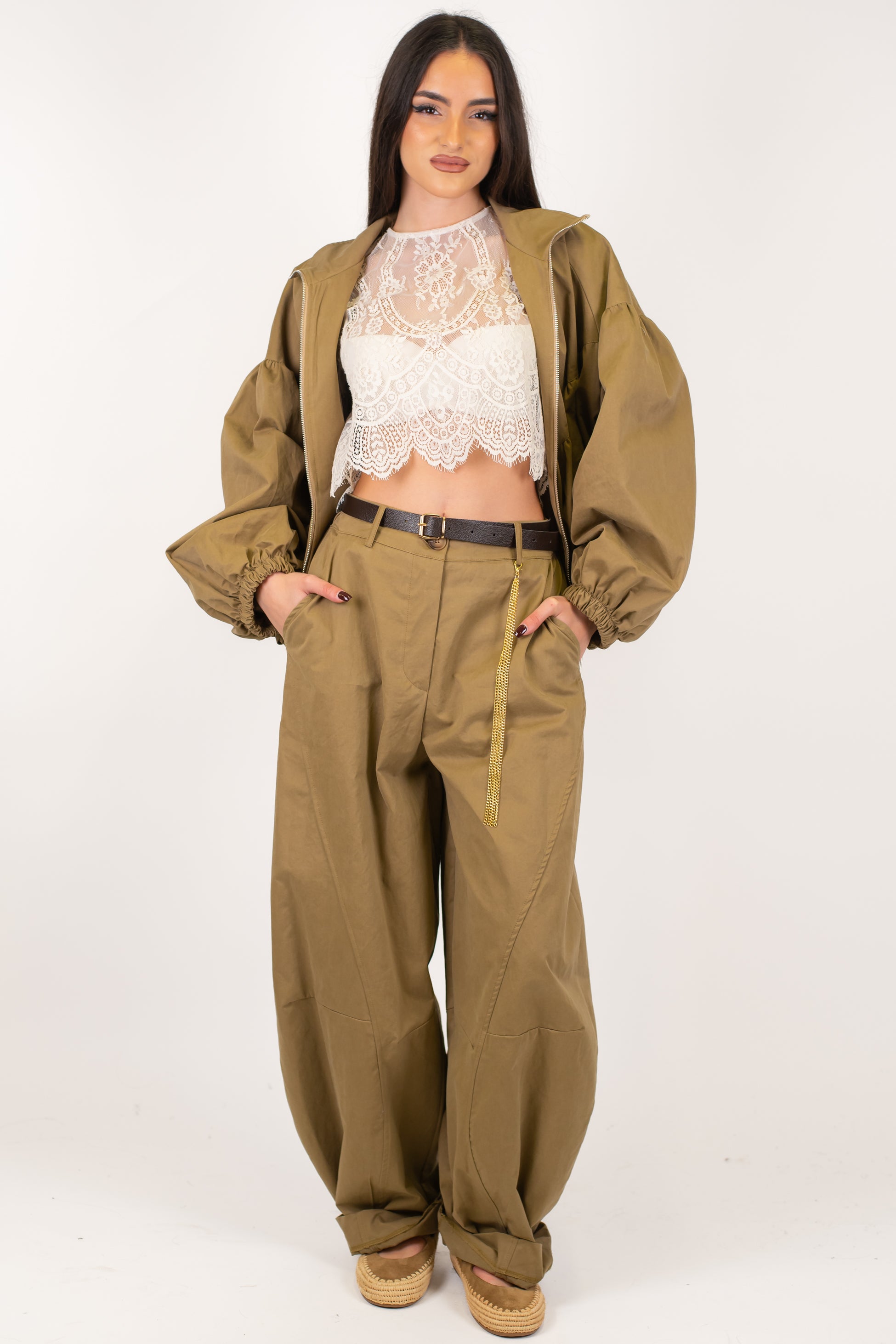 Haveone - Pantalone barrell in cotone con elastico sul retro