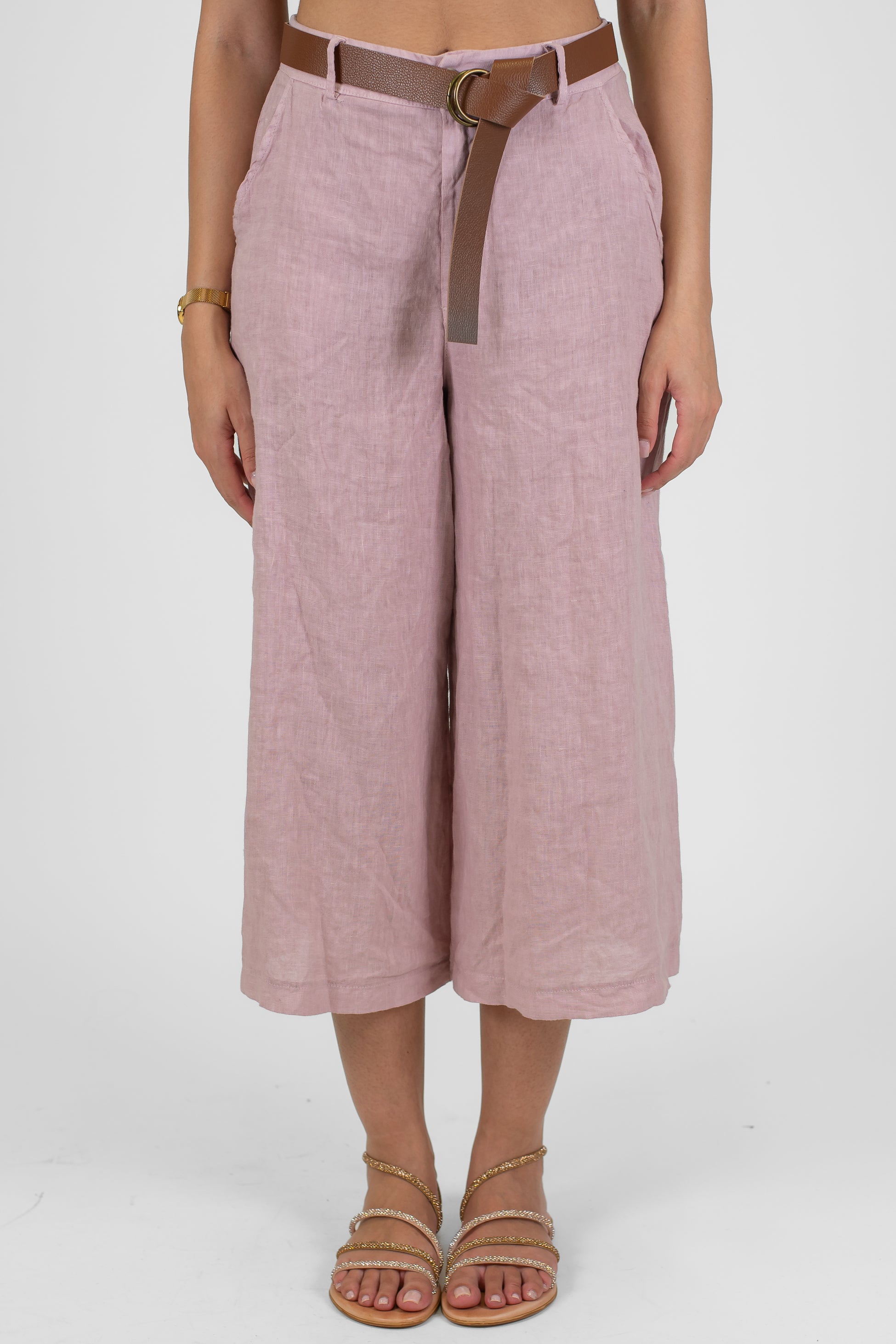 Haveone - Pantalone crop a gamba ampia in puro lino con elastico sul retro