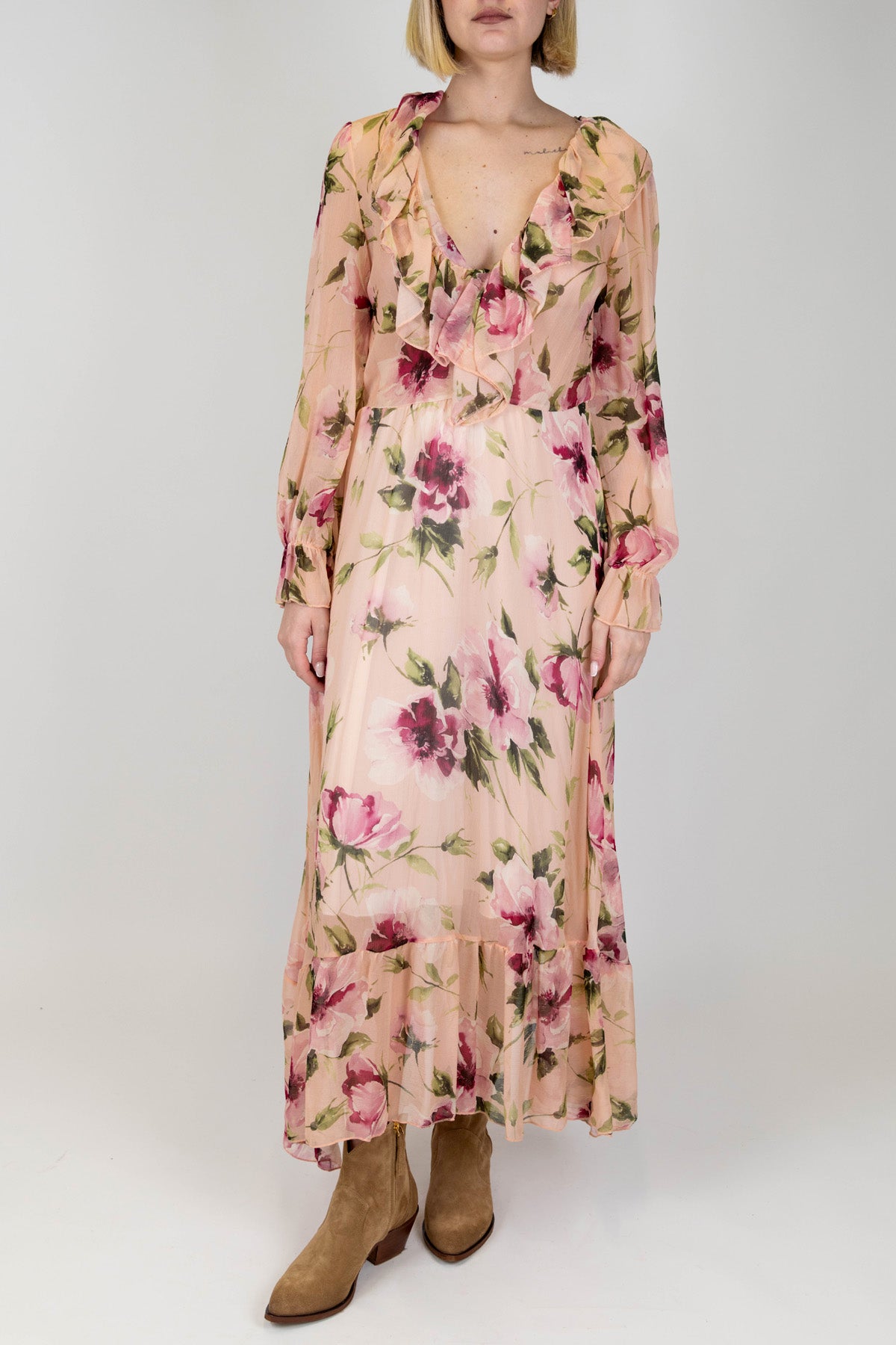 Dixie - Abito lungo fantasia floreale in viscosa con scollo a V con rouches