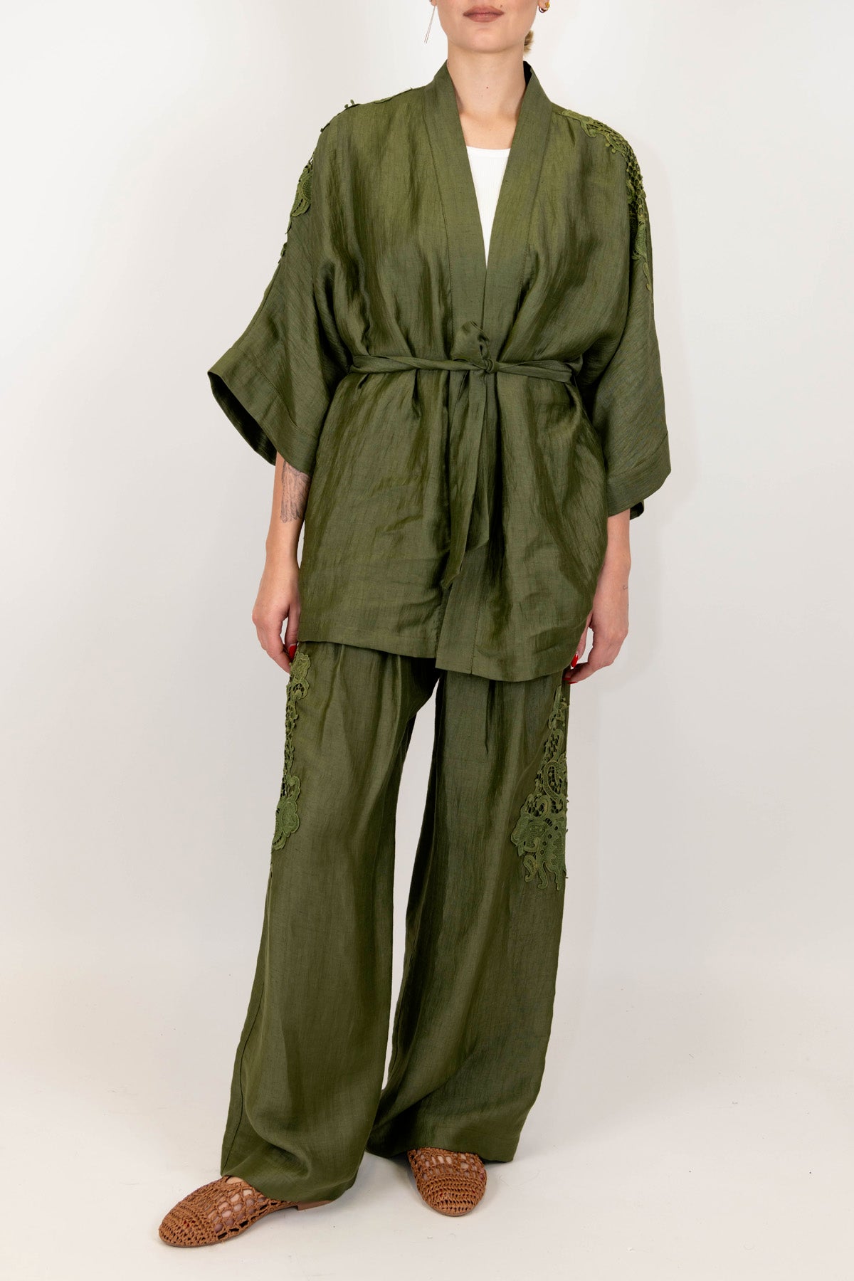 Maryley - Pantalone palazzo in lino con ricami ed elastico in vita