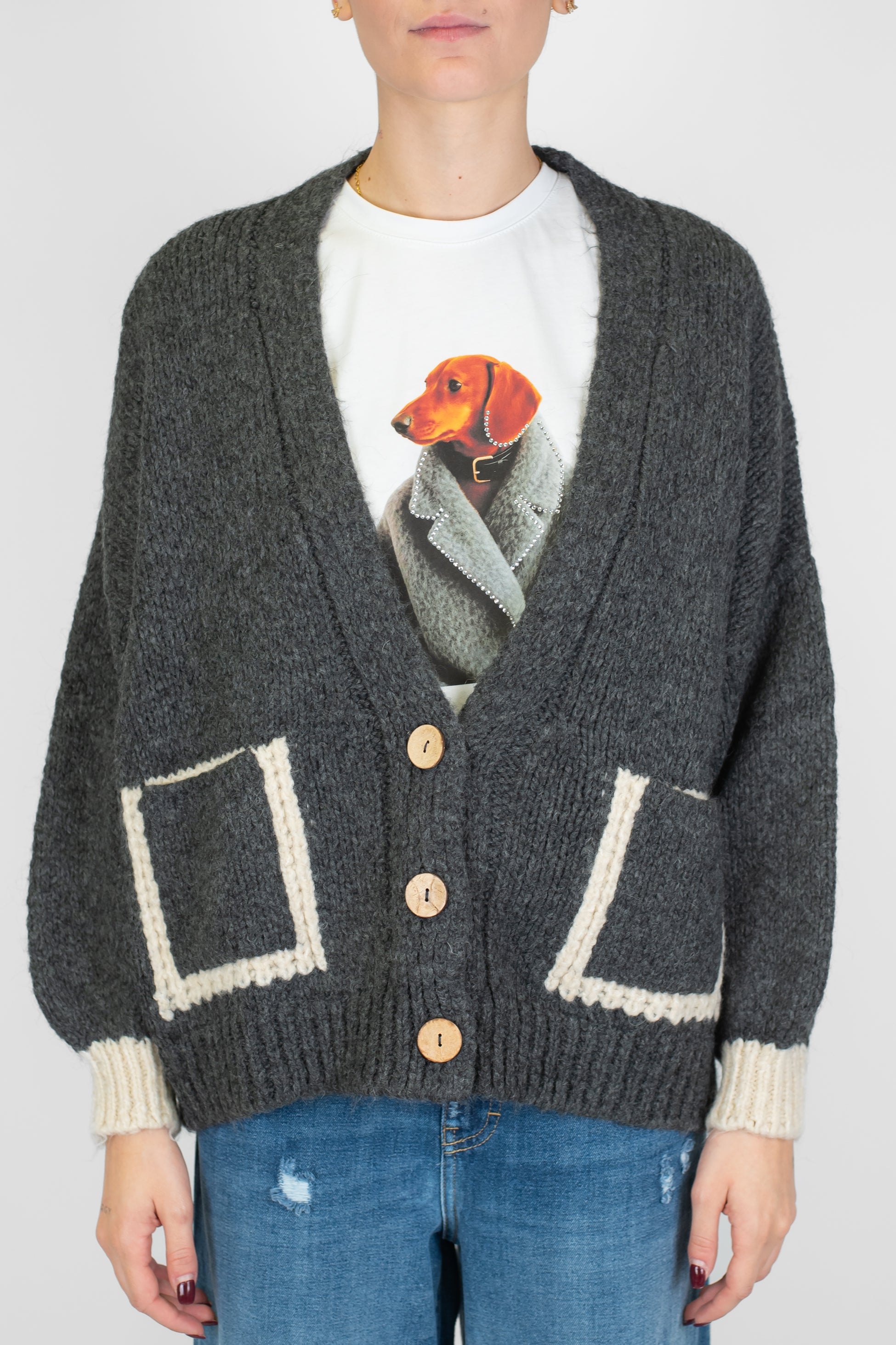 Haveone - Cardigan over in misto lana con profilo tasca e polsini a contrasto