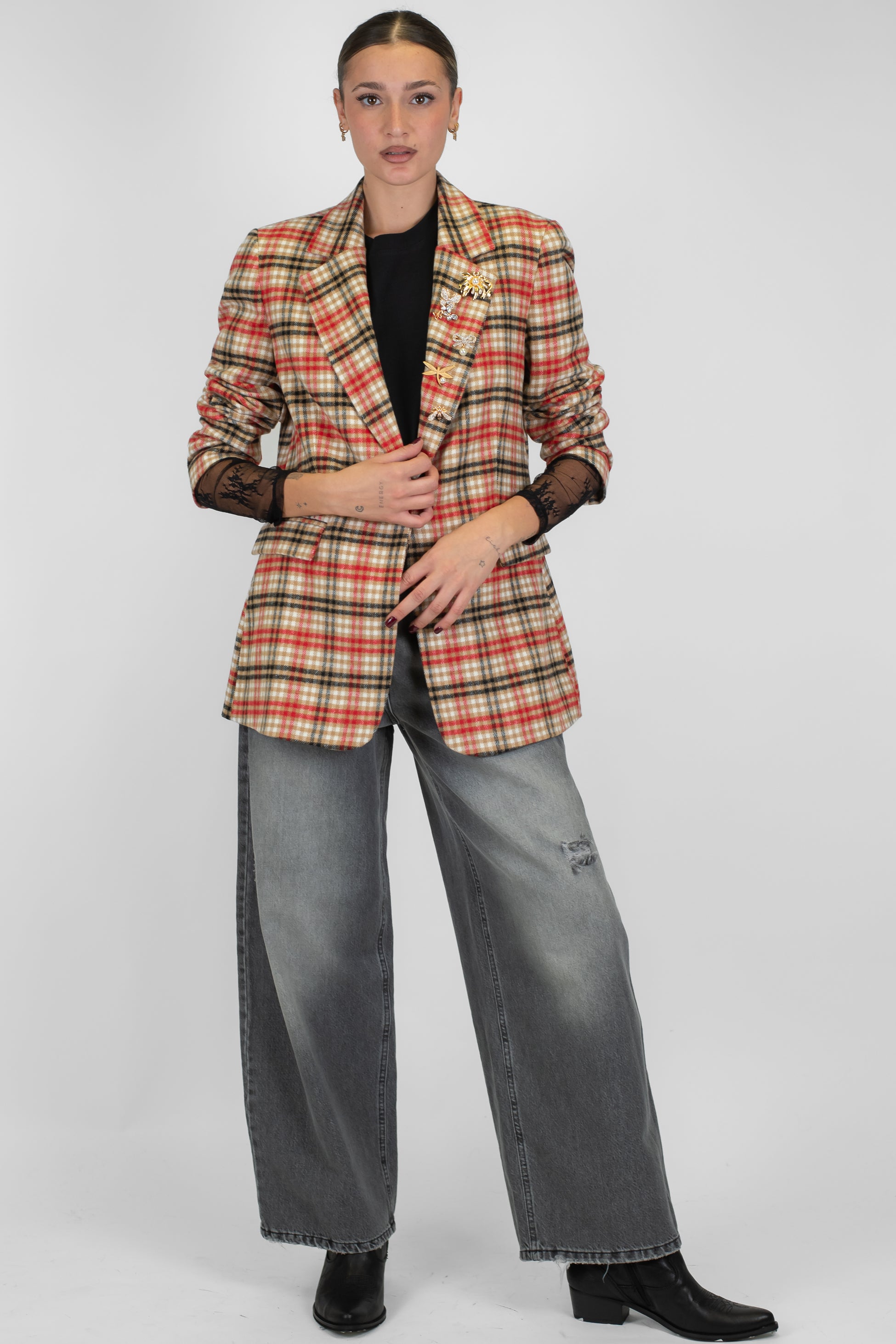 Motel - Giacca monopetto fantasia quadri in misto lana con spille gioiello