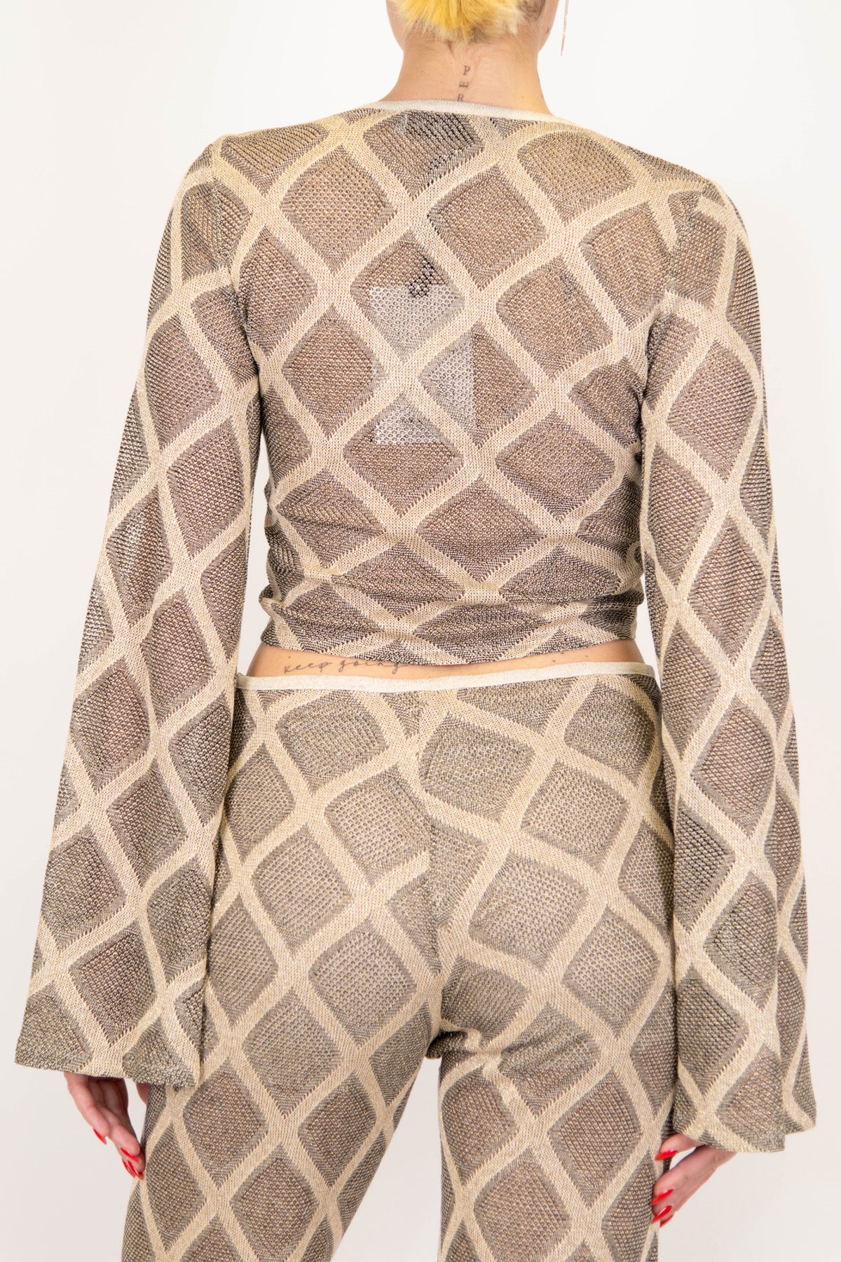 Haveone - Blusa crop fantasia rombi lurex con scollo a V e laccetti