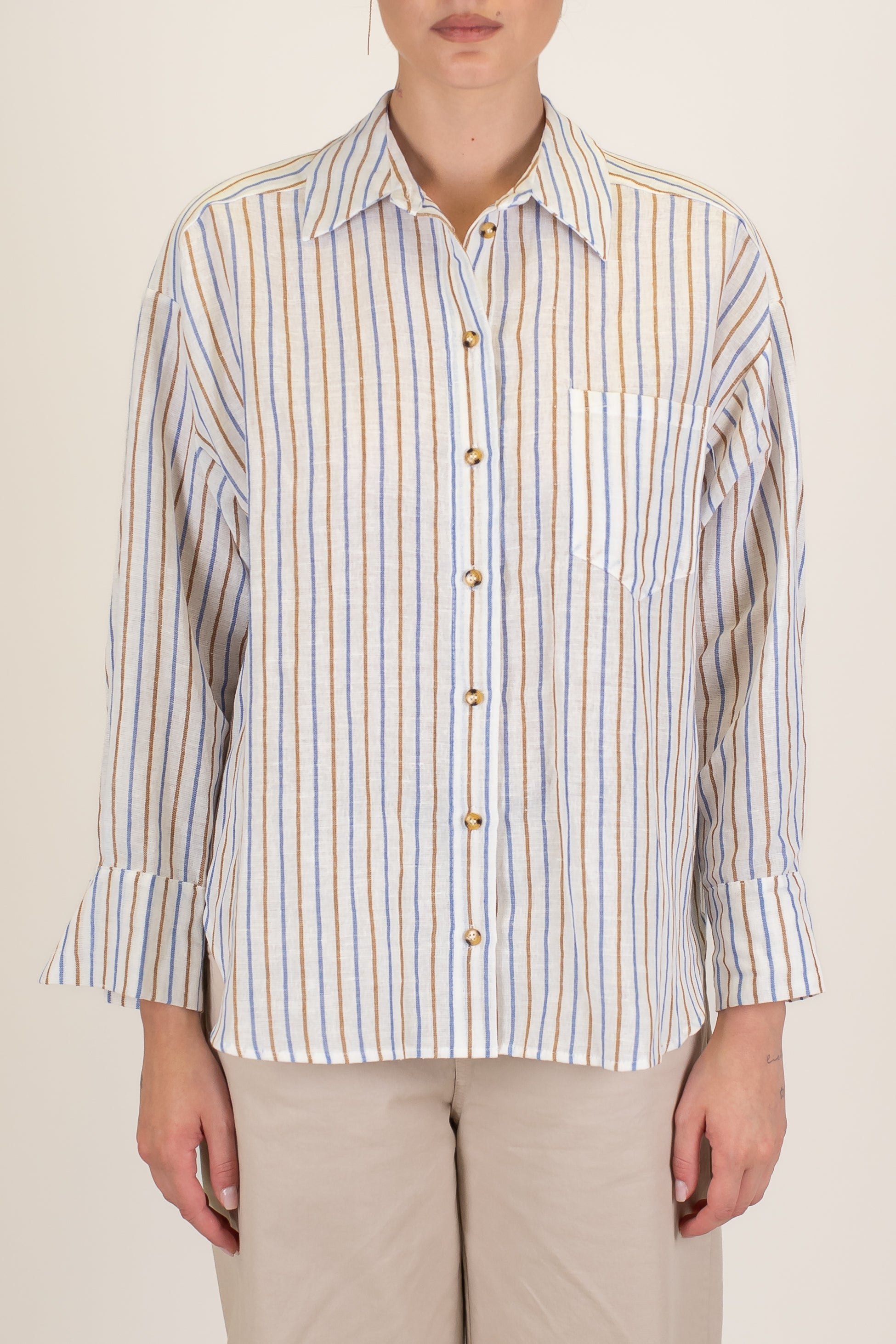 Tensione in - Camicia a righe in misto lino con taschino