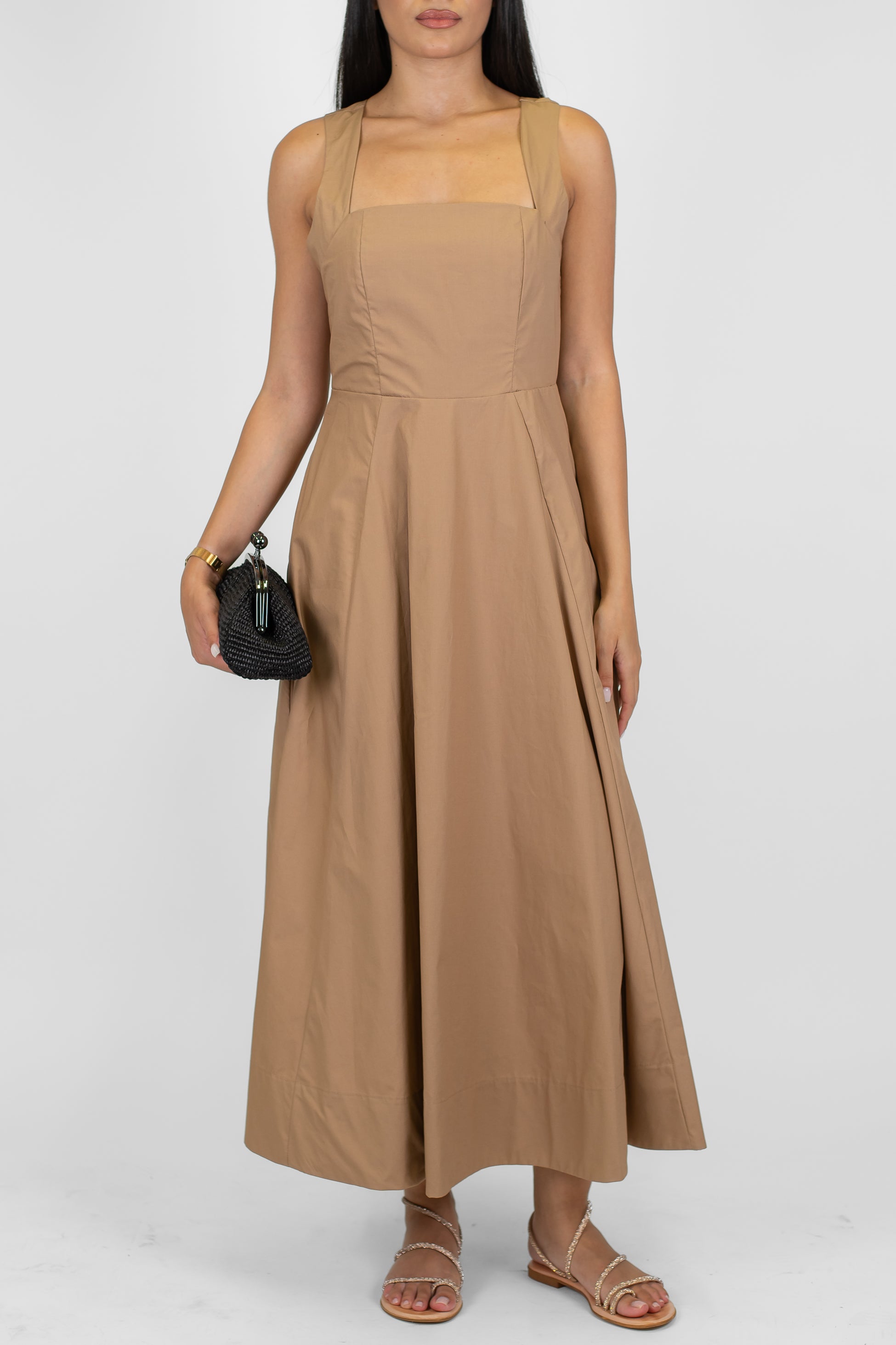 Dixie - Abito lungo in tela paracadute con scollo quadro e bretelle a fascia ad inrocio sul retro