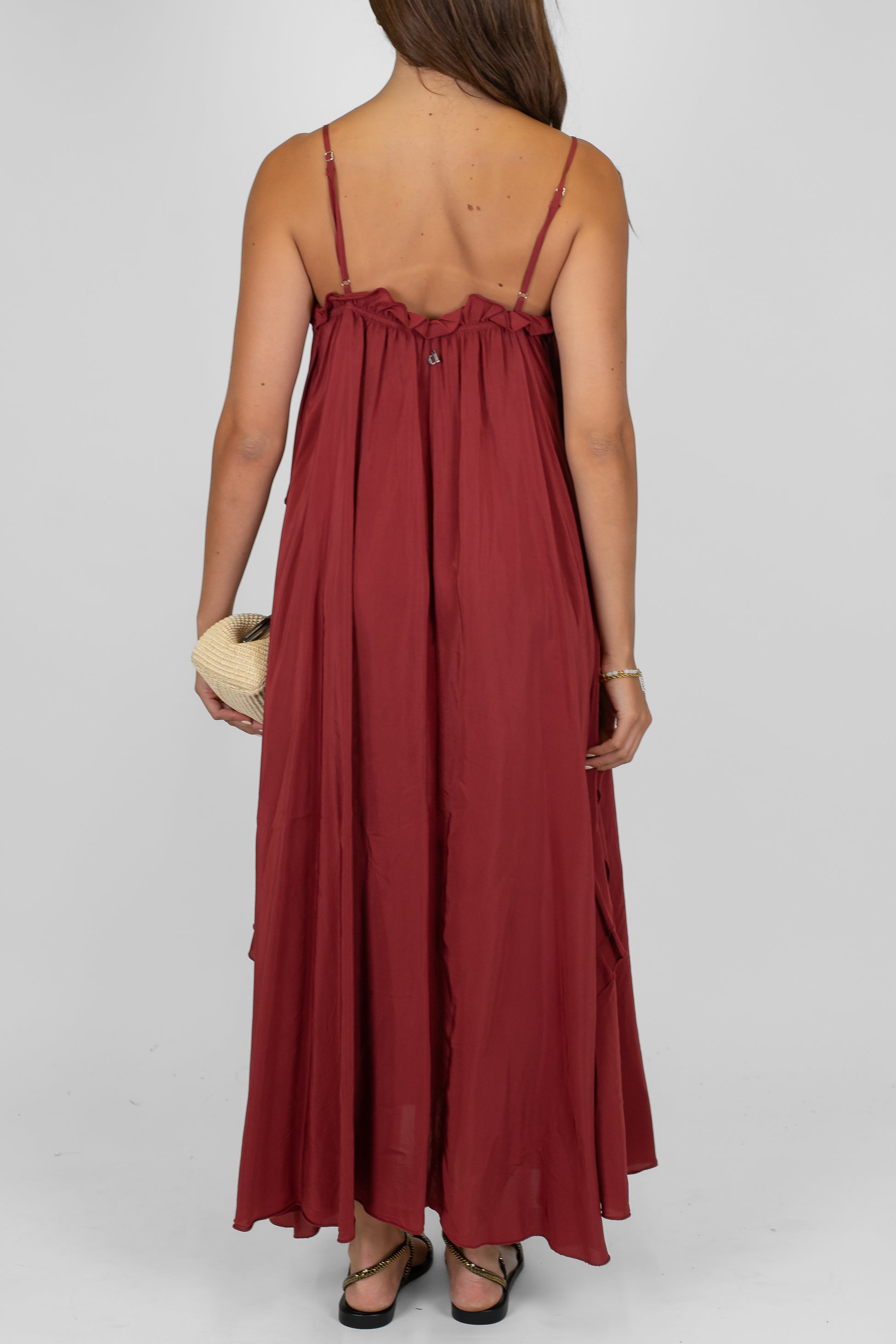 Dixie - Abito lungo con bretelline in viscosa leggera con rouches laterali