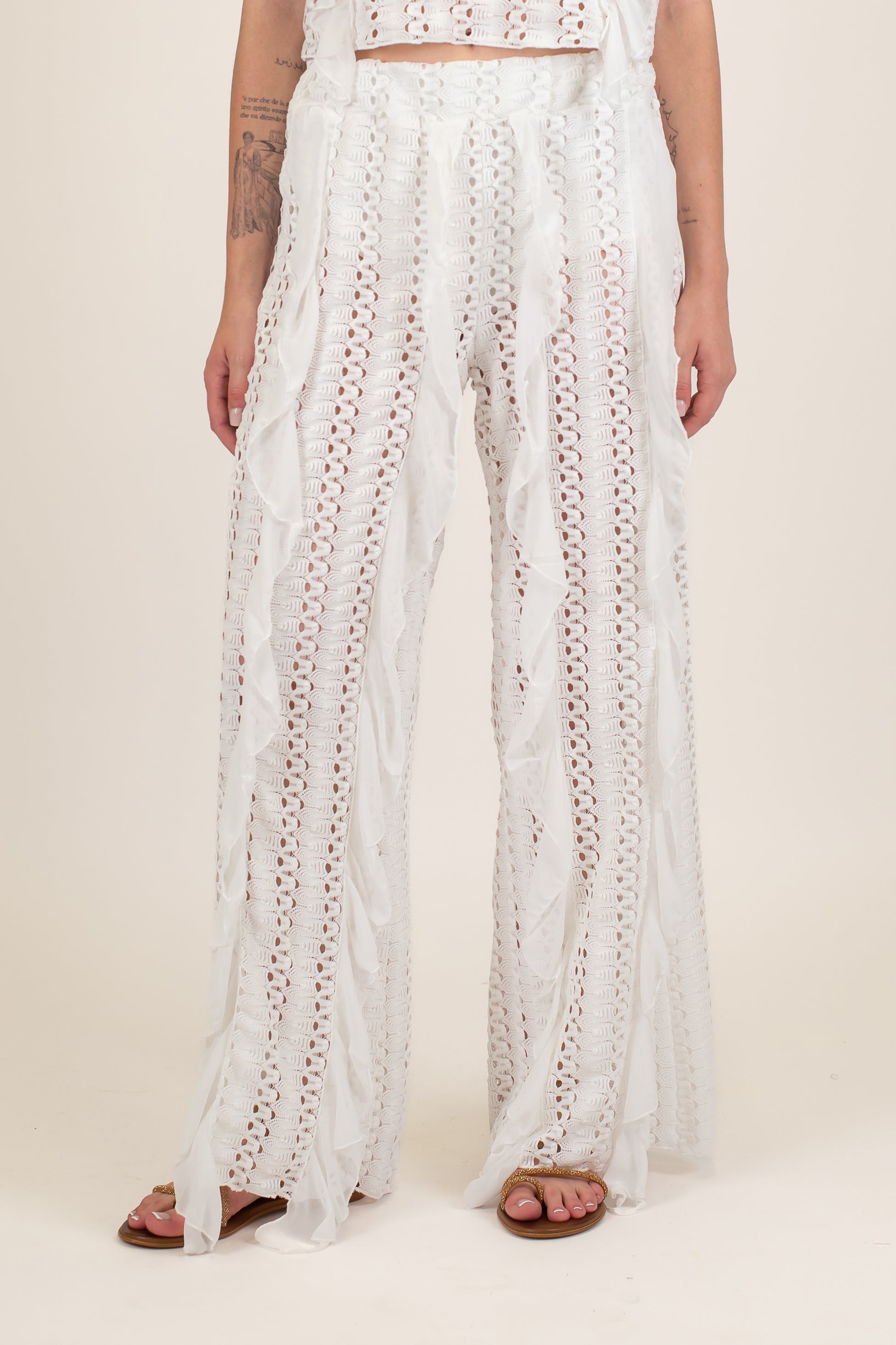 Haveone - Pantalone palazzo in crochet con rouches verticali