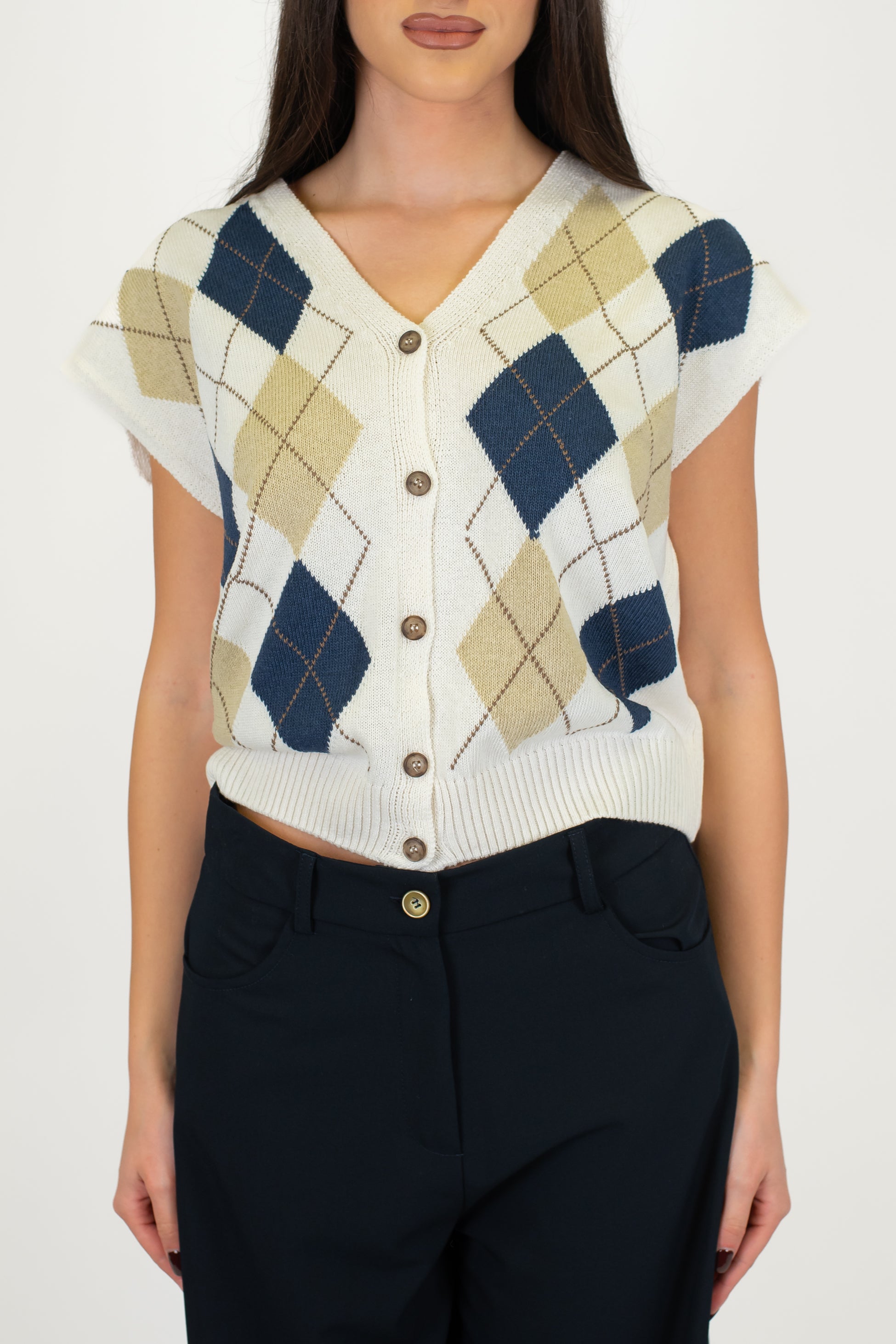 Tensione in - Gilet mezza manica in maglia fantasia rombi a contrasto