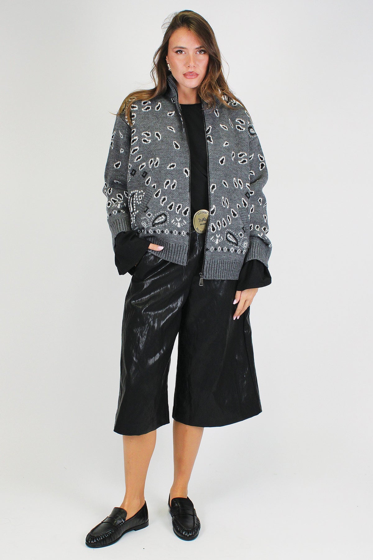 Tensione in - Cardigan misto lana fantasia bandana con collo alto e chiusura zip