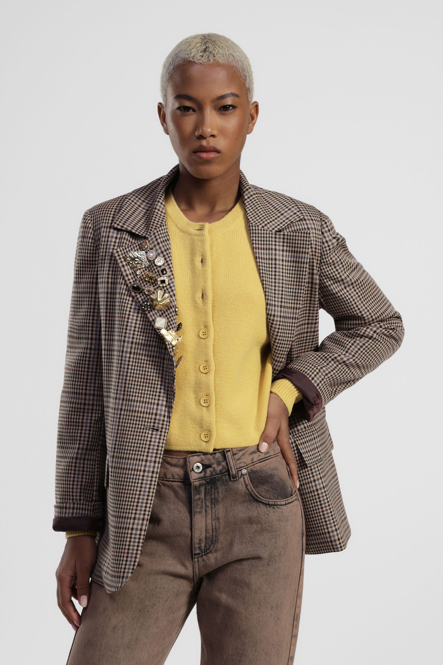 Dixie - Giacca fantasia check con spille gioiello