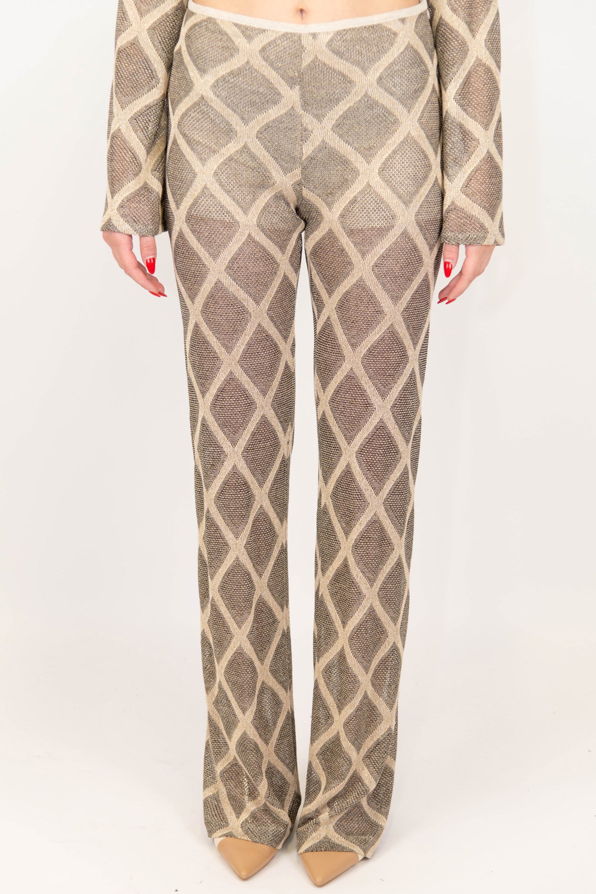 Haveone - Pantalone a zampa fantasia rombi in lurex con elastico in vita