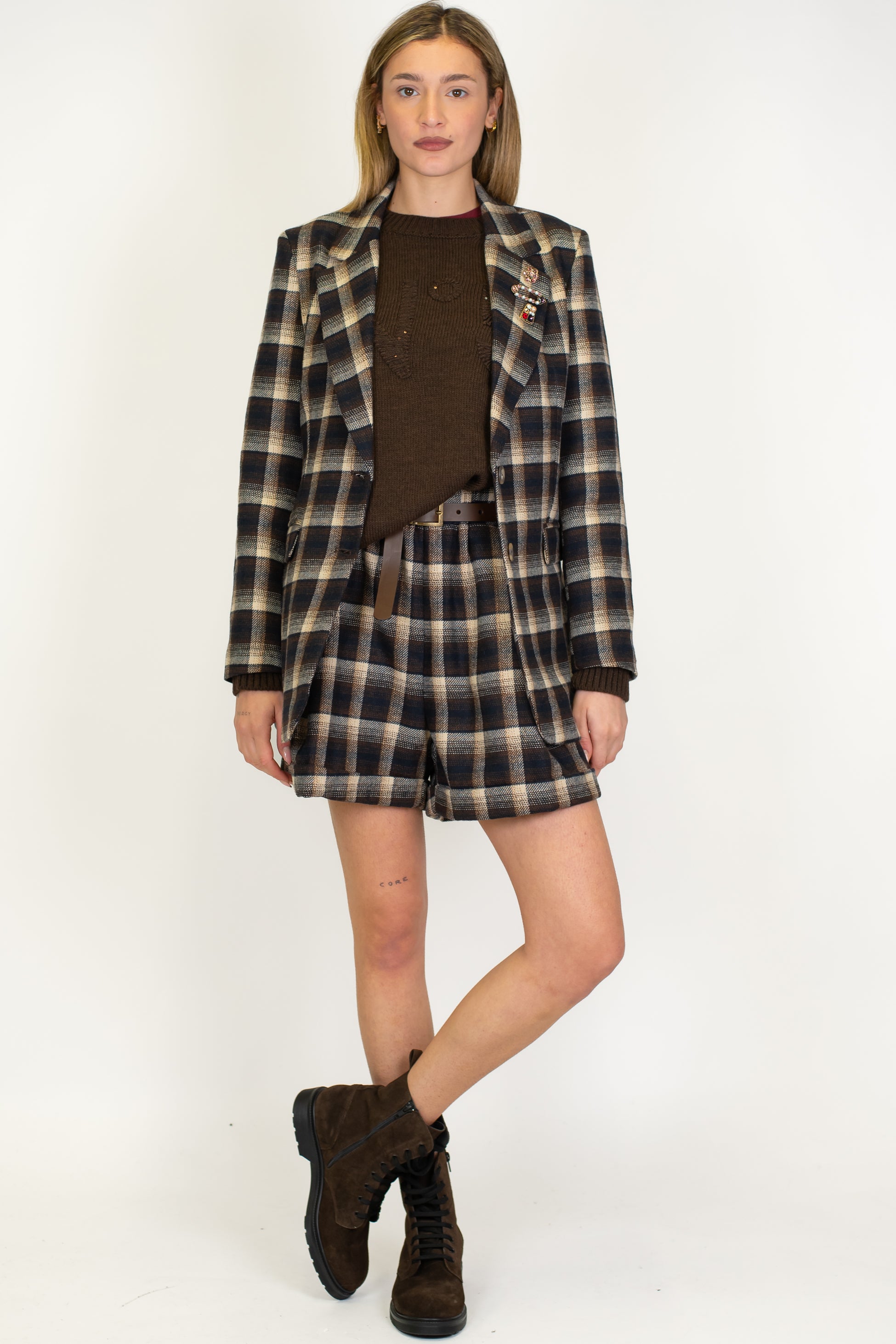 Tensione in - Shorts fantasia quadri in misto lana con elastico in vita