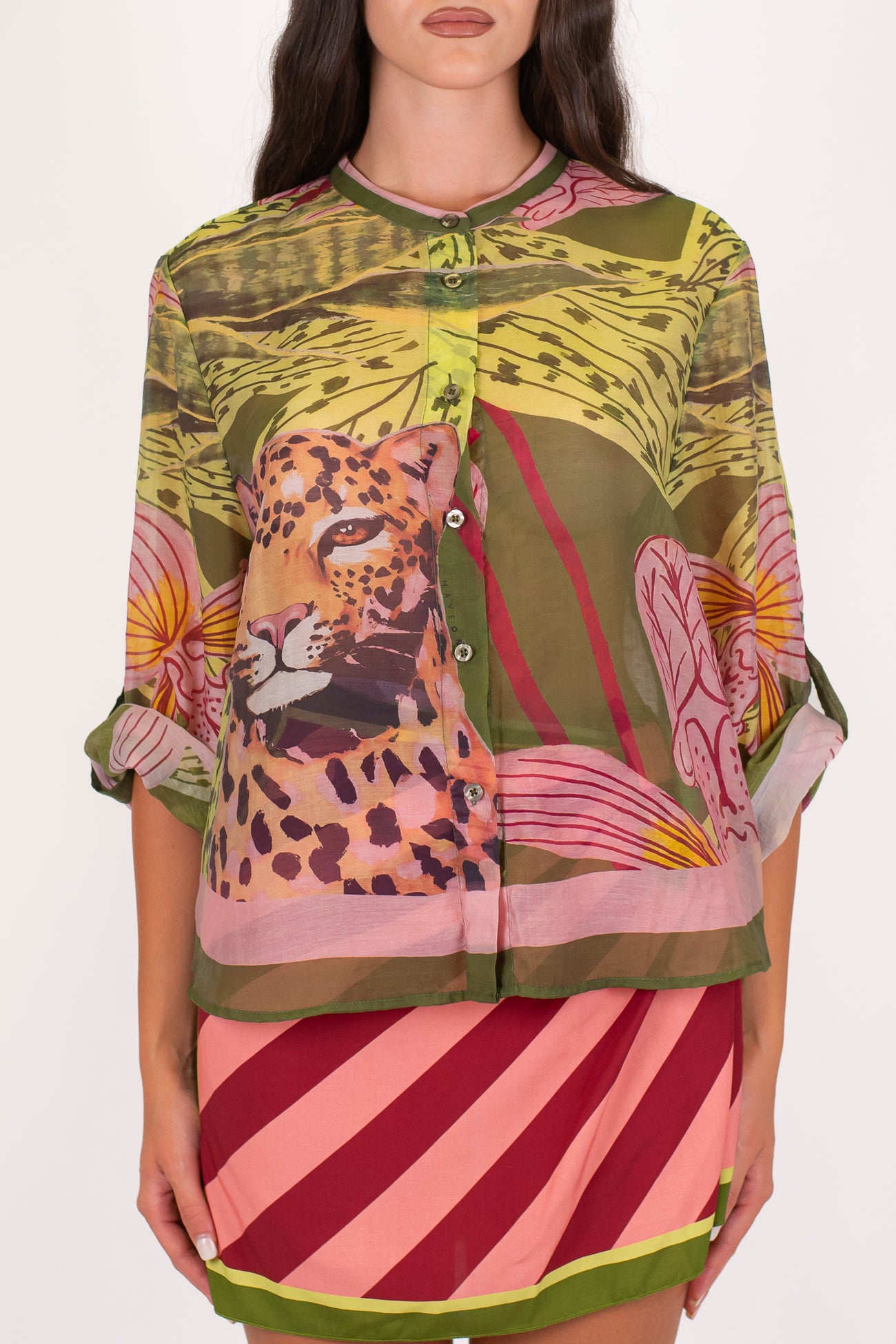Haveone - Camicia fantasia tigre in lyocell con collo coreano