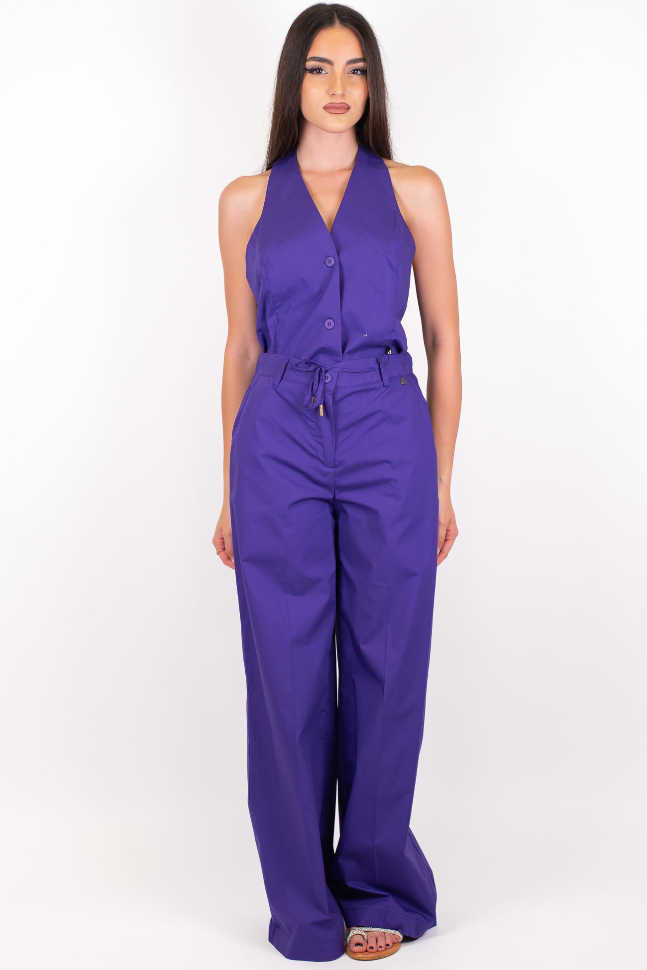 Dixie - Coordinato in cotone tela paracadute con top scollo americano e pantalone palazzo con elastico sul retro
