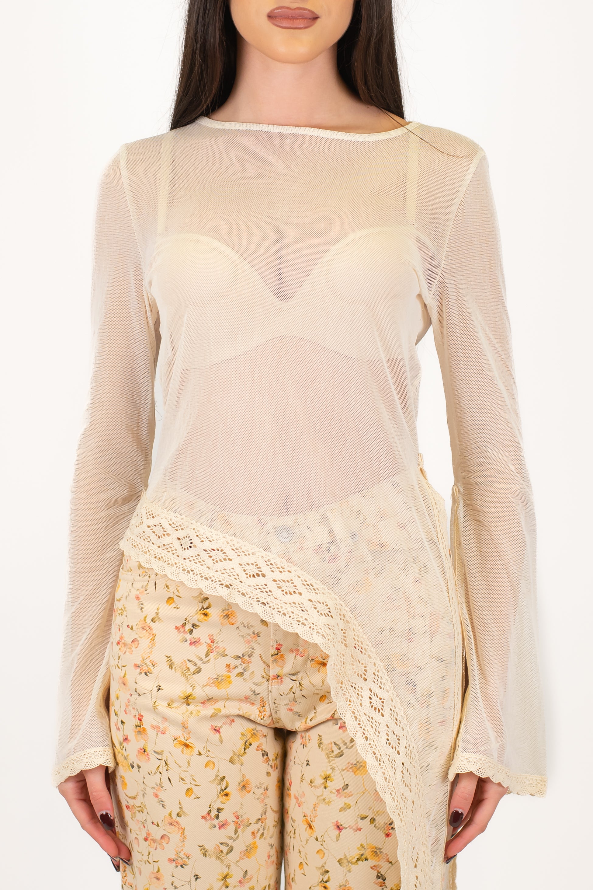 Haveone - Blusa manica lunga a campana con asimmetria e pizzo sul fondo