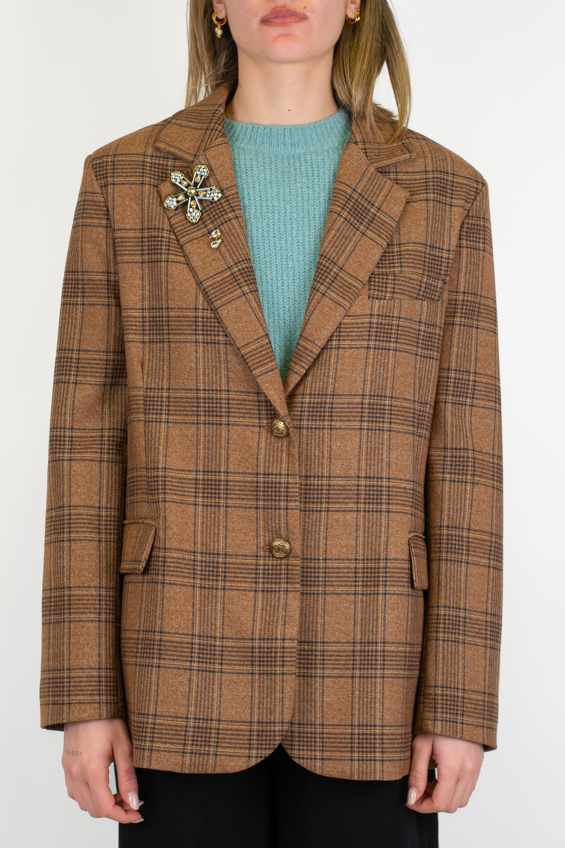 Motel - Giacca monopetto fantasia check con spille sul rever