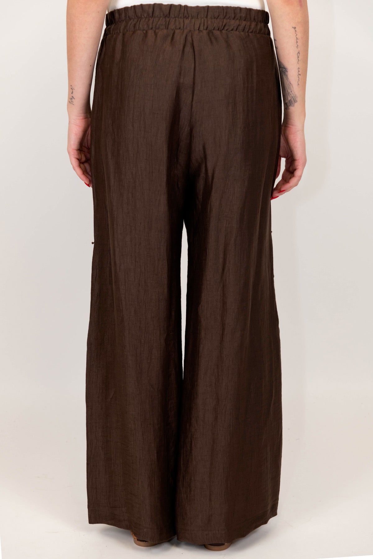 Maryley - Pantalone palazzo in lino con ricami ed elastico in vita