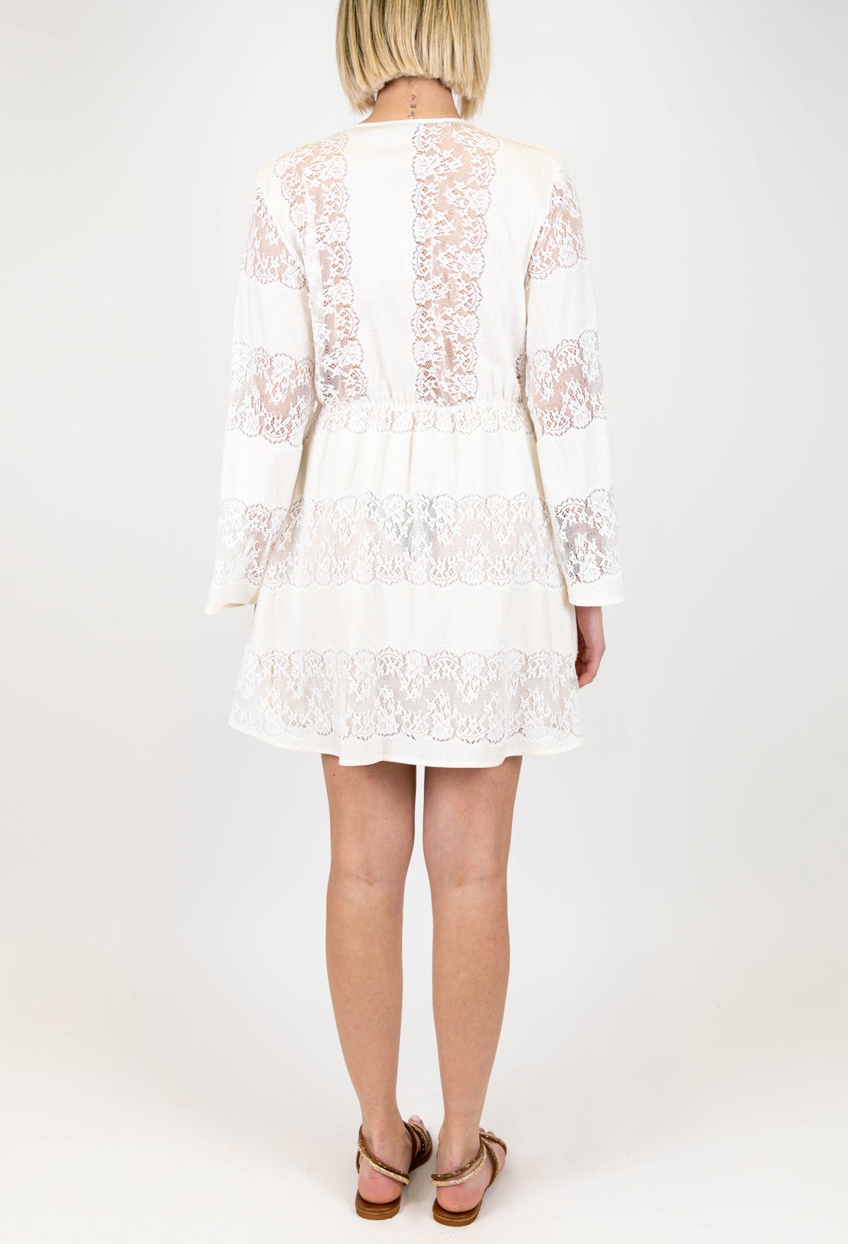 Motel - Abito corto scollo a V con ricami in pizzo e manica lunga