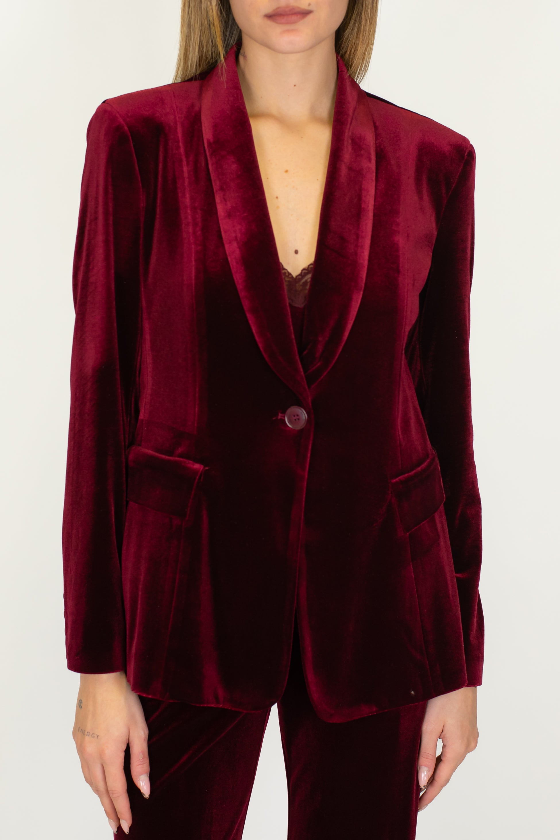 Maryley - Tailleur giacca con collo sciallato e pantalone palazzo in velluto con elastico in vita