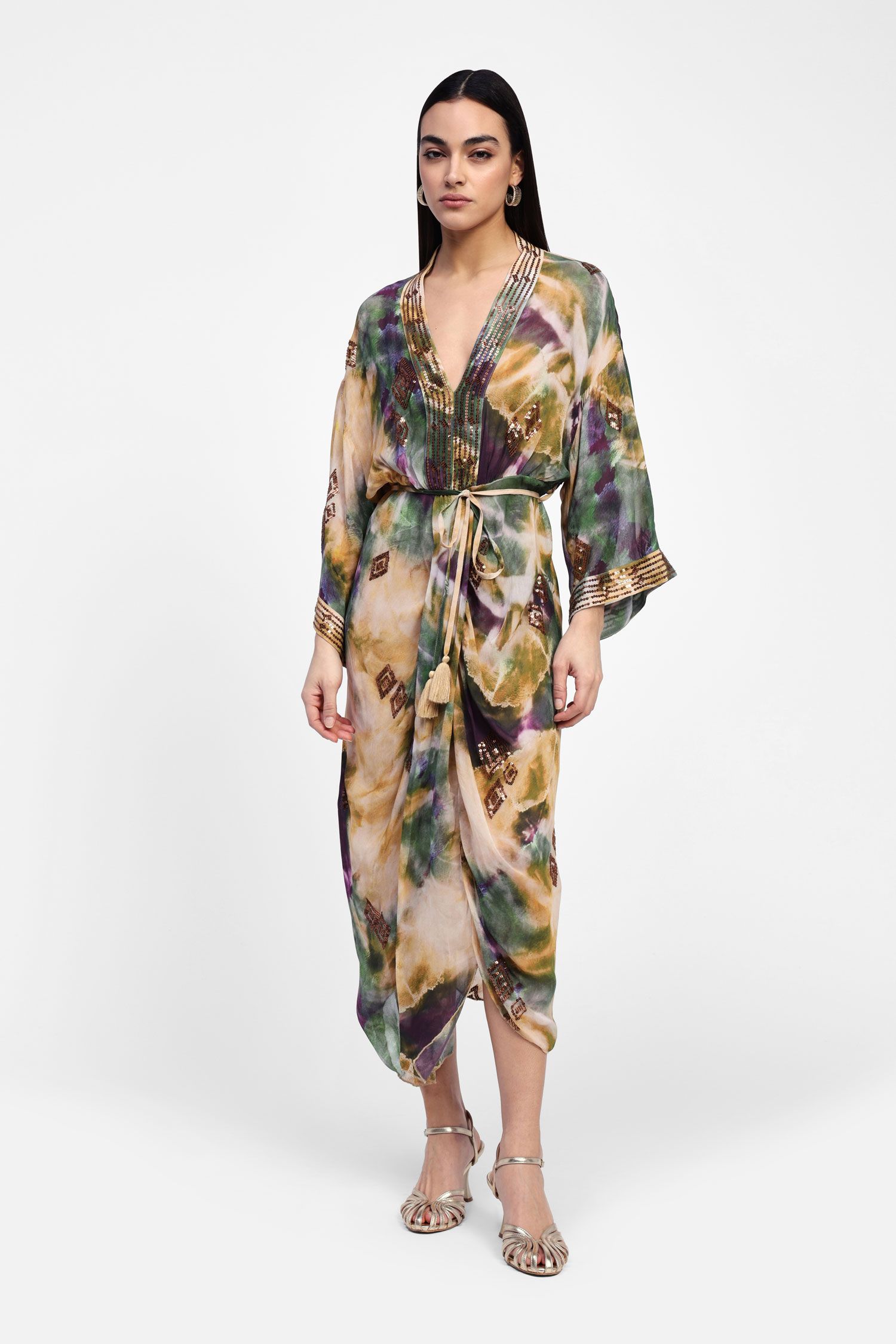 Dixie - Abito lungo fantasia con drappeggio e paillettes