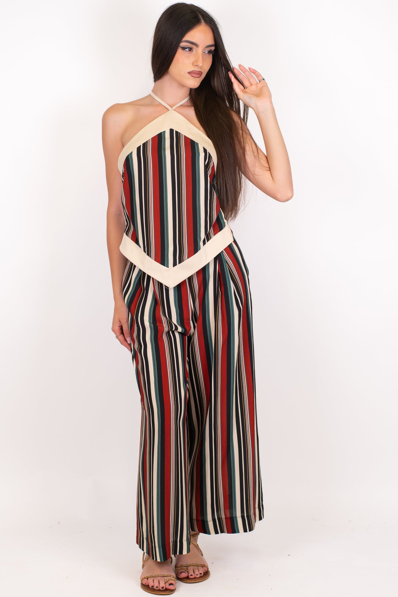 Haveone - Pantalone palazzo crop fantasia a righe in viscosa