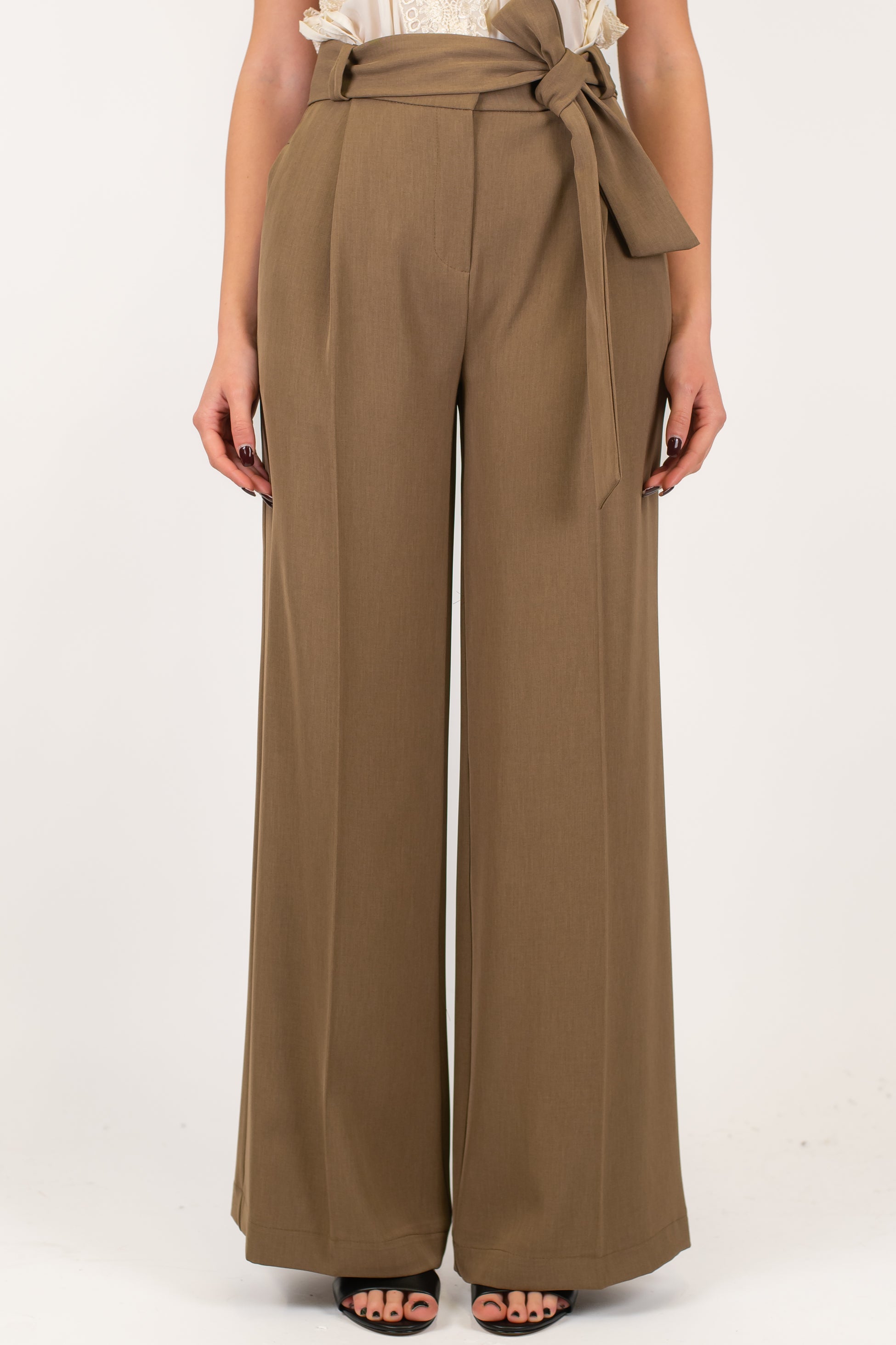 Maryley - Pantalone palazzo in tessuto fluido con elastico sul retro e cintura in tessuto