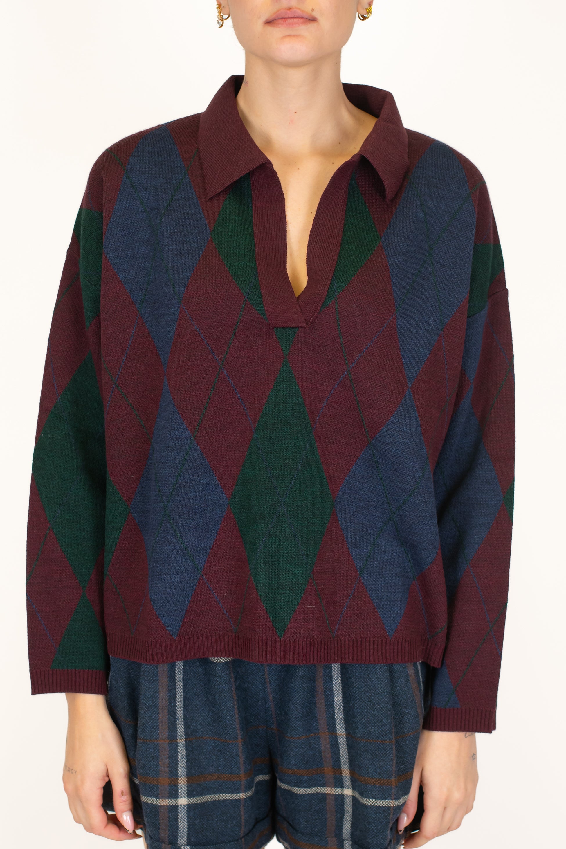 Motel - Polo in maglia fantasia rombi in misto lana