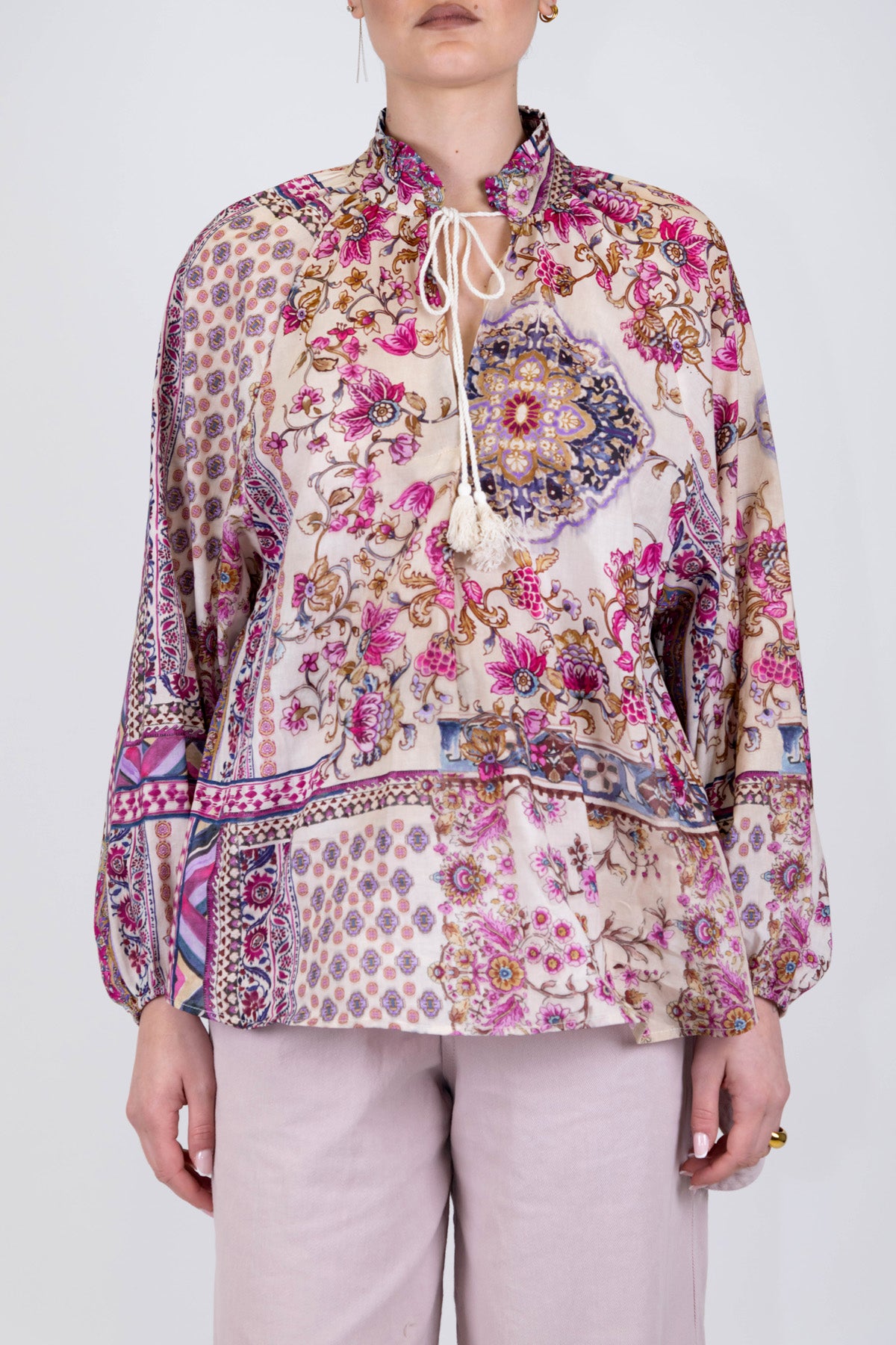 Dixie - Camicia fantasia floreale astratta in mussola di cotone con laccio al collo