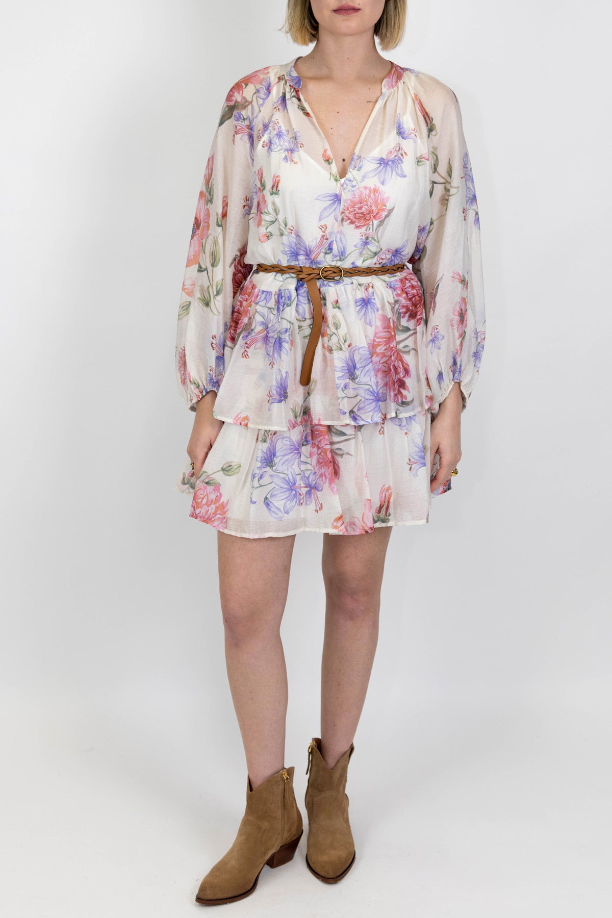 Tensione in - Abito corto fantasia floreale in lyocell con scollo a V e sottanino