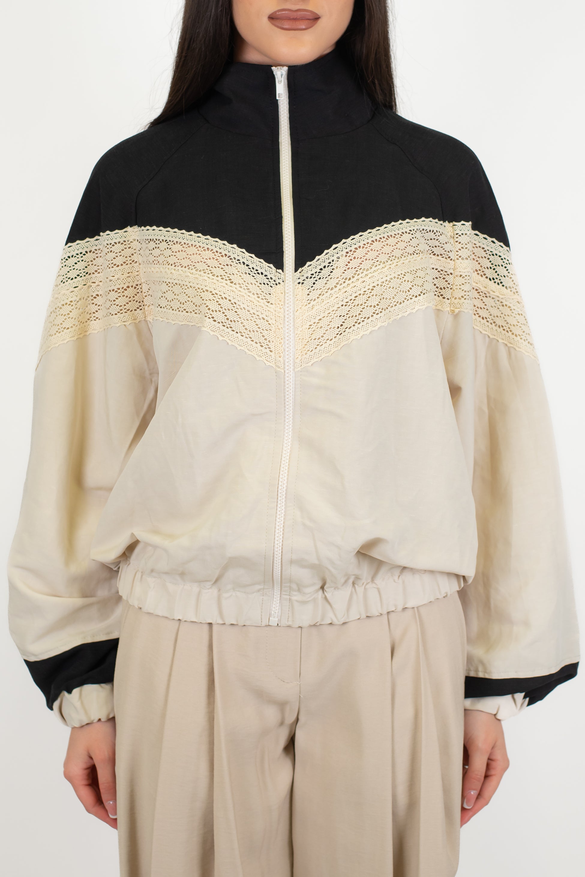 Tensione in - Bomber in misto viscosa e lino con colori a contrasto e dettagli in crochet