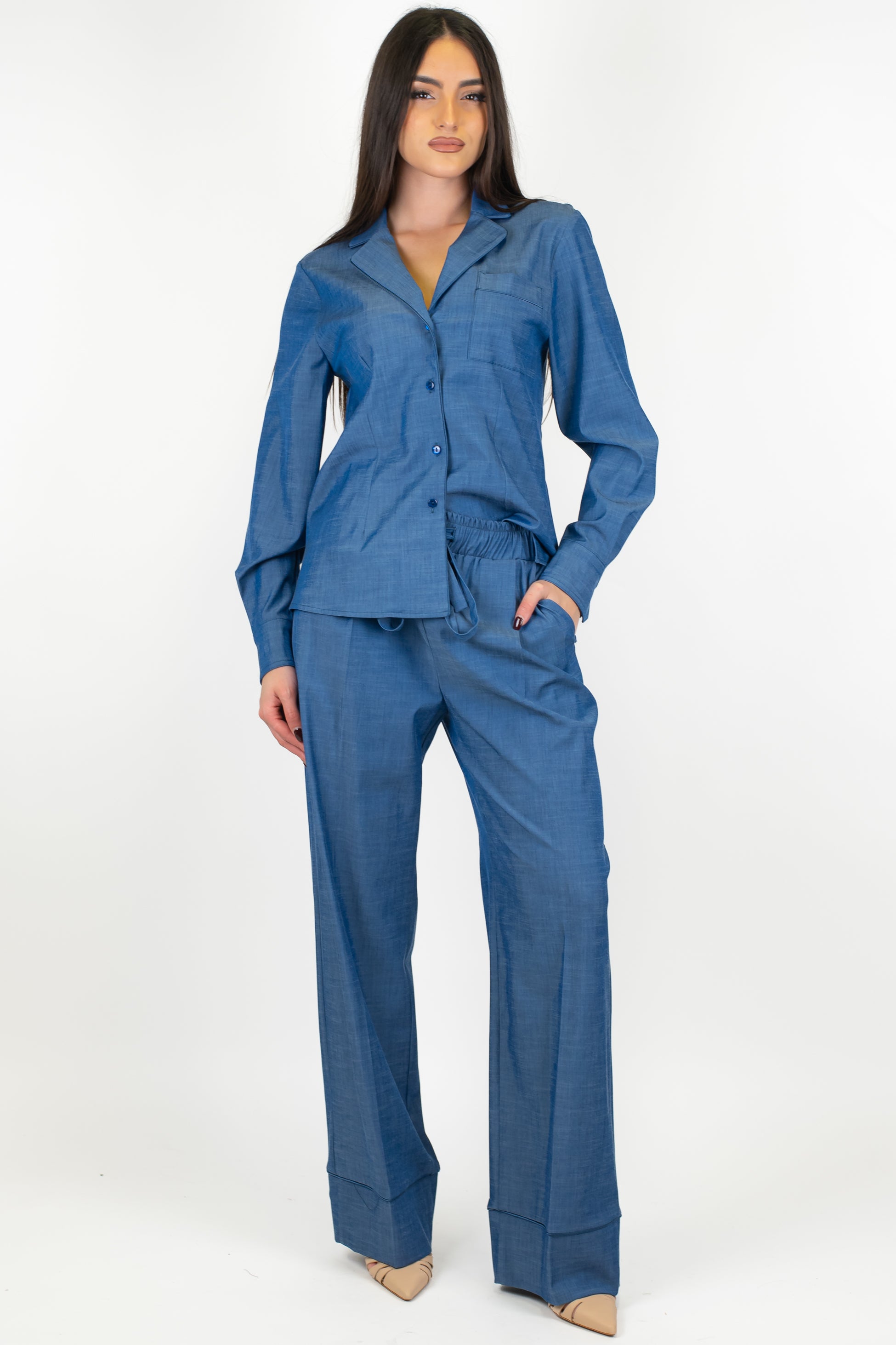 Maryley - Pantalone palazzo effetto denim con coulisse e risvolto sul fondo