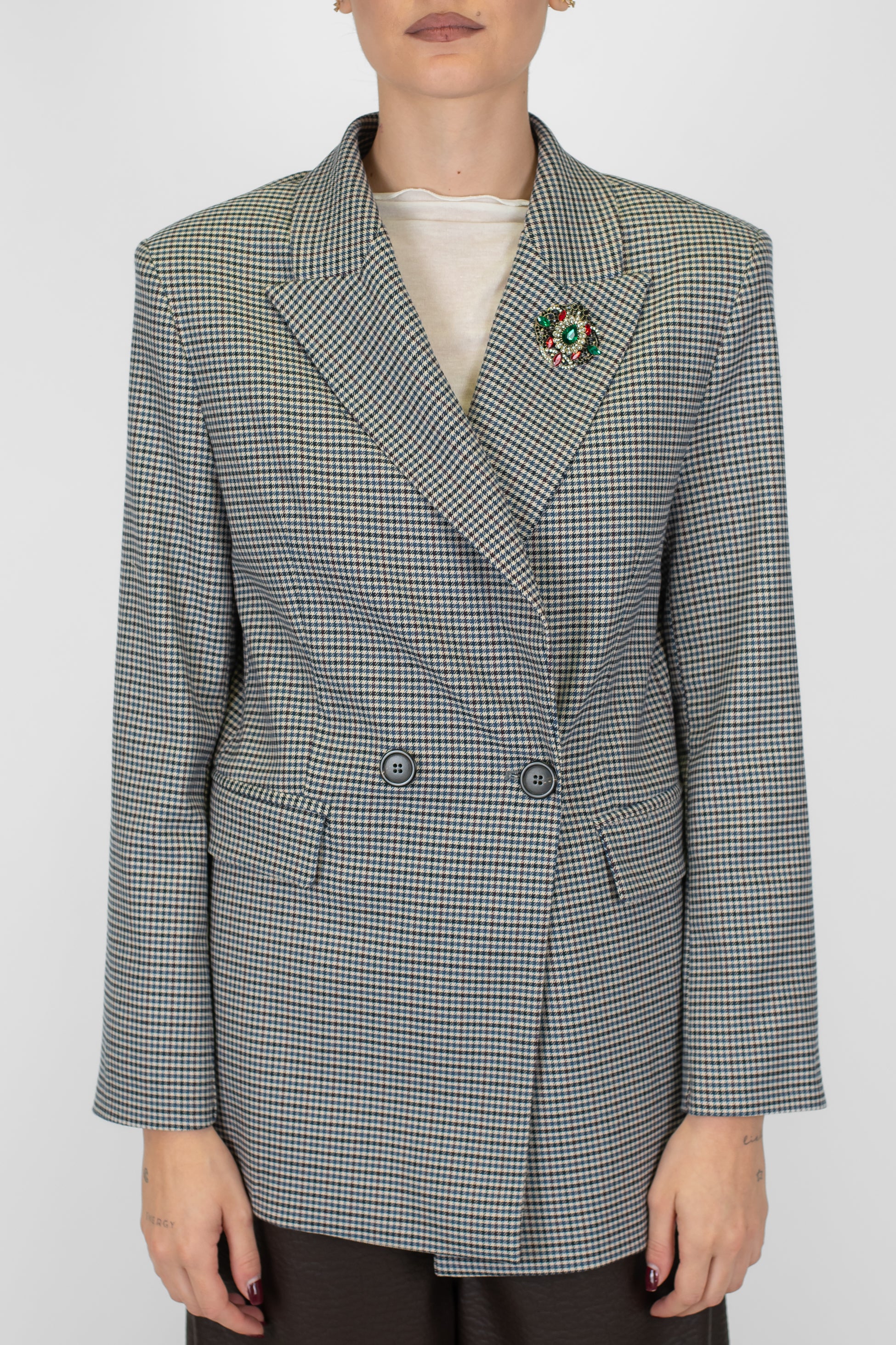 Maryley - Giacca doppiopetto microfantasia pied de poule con spilla