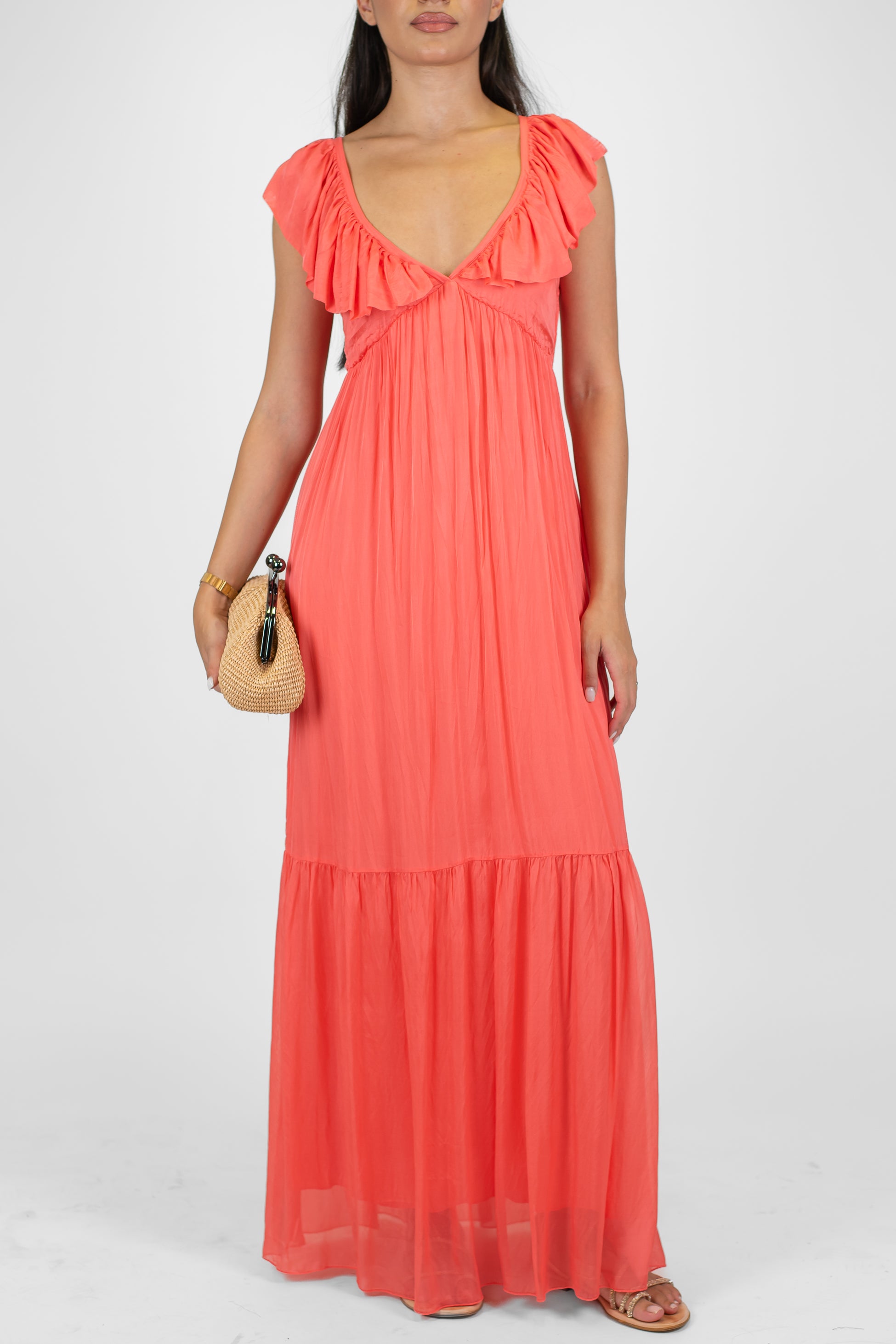 Dixie - Abito lungo in misto seta con scollo a V e rouches