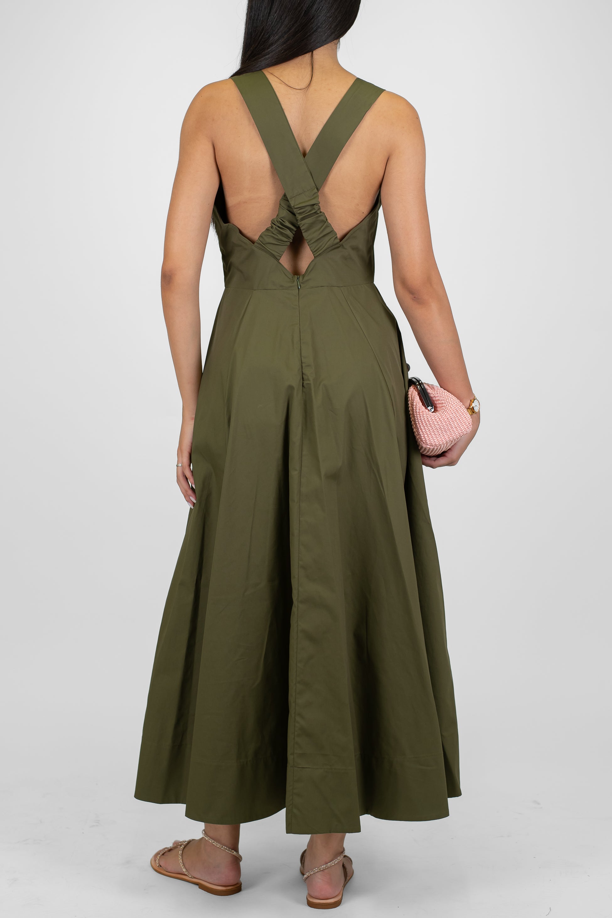 Dixie - Abito lungo in tela paracadute con scollo quadro e bretelle a fascia ad inrocio sul retro