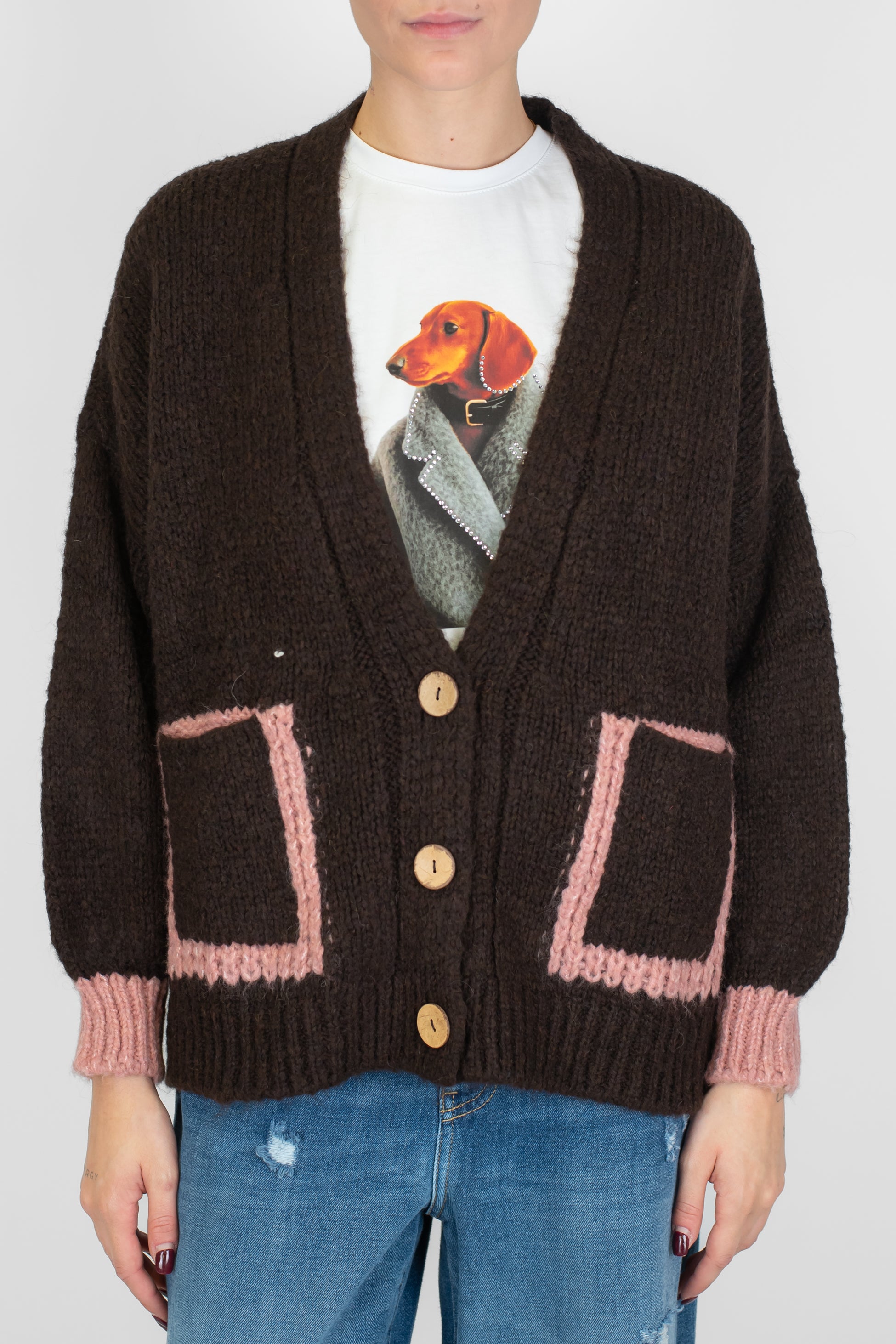Haveone - Cardigan over in misto lana con profilo tasca e polsini a contrasto