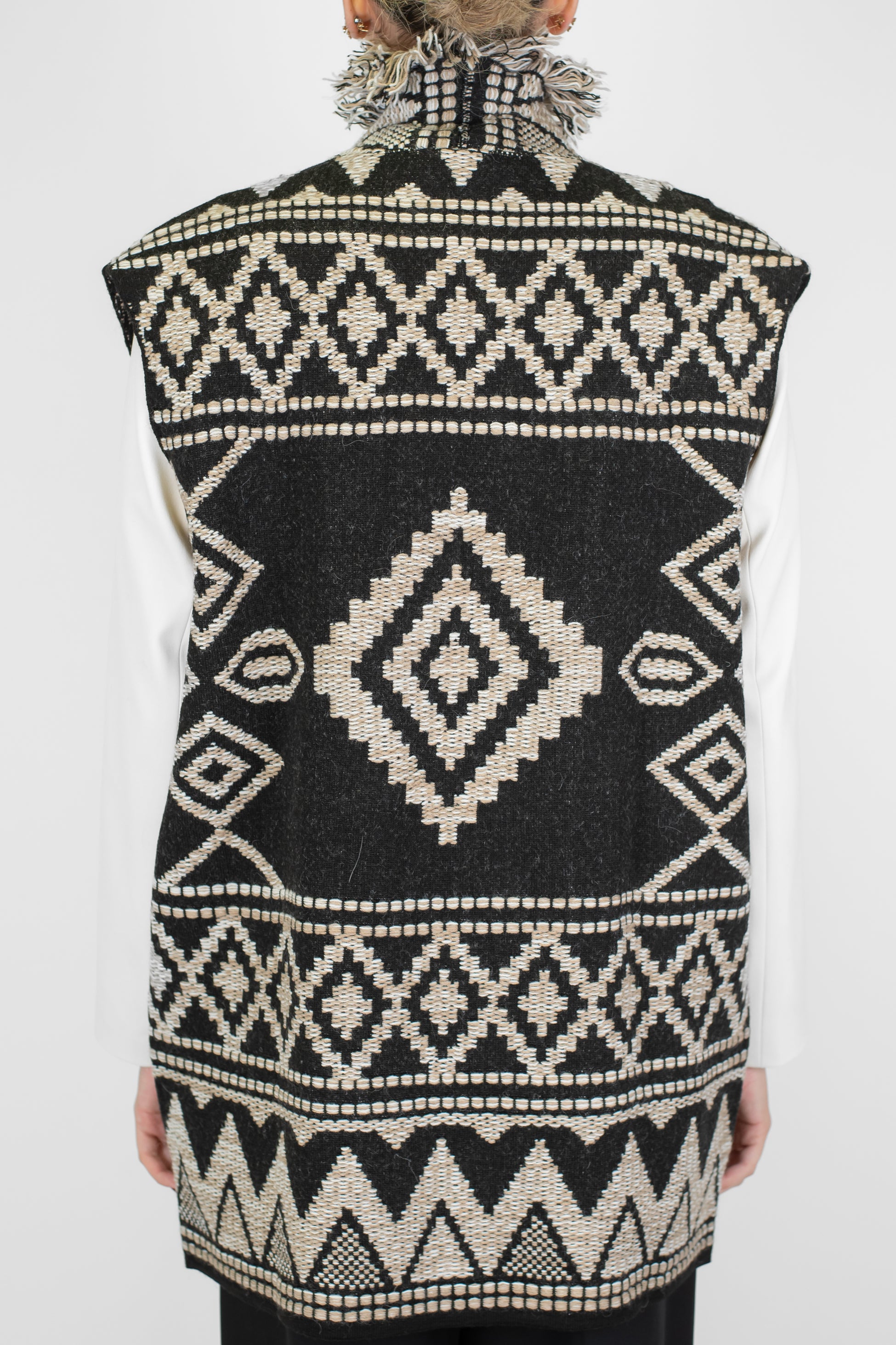 Motel - Gilet lungo aperto fantasia etnica in misto lana con frange