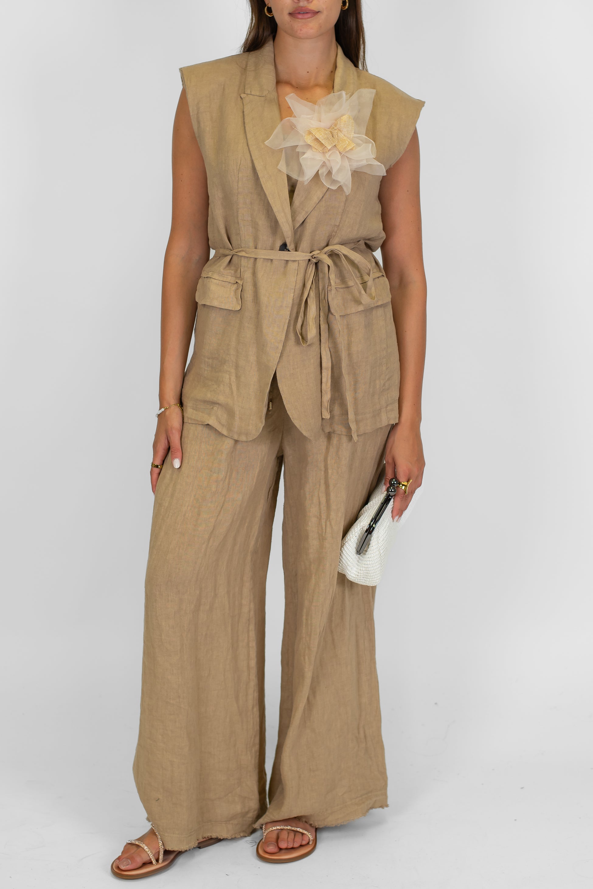 Tensione in - Pantalone palazzo in puro lino con coulisse