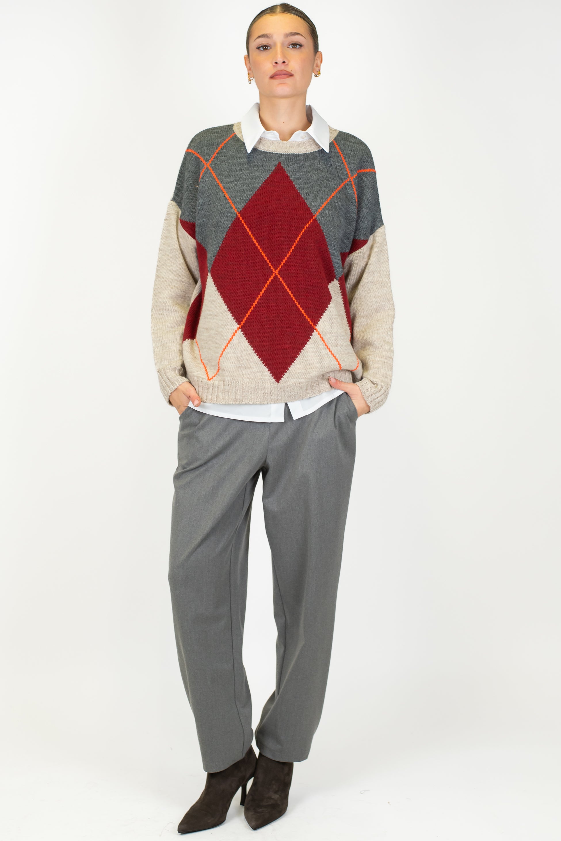 Haveone - Maglia girocollo in misto lana fantasia rombi